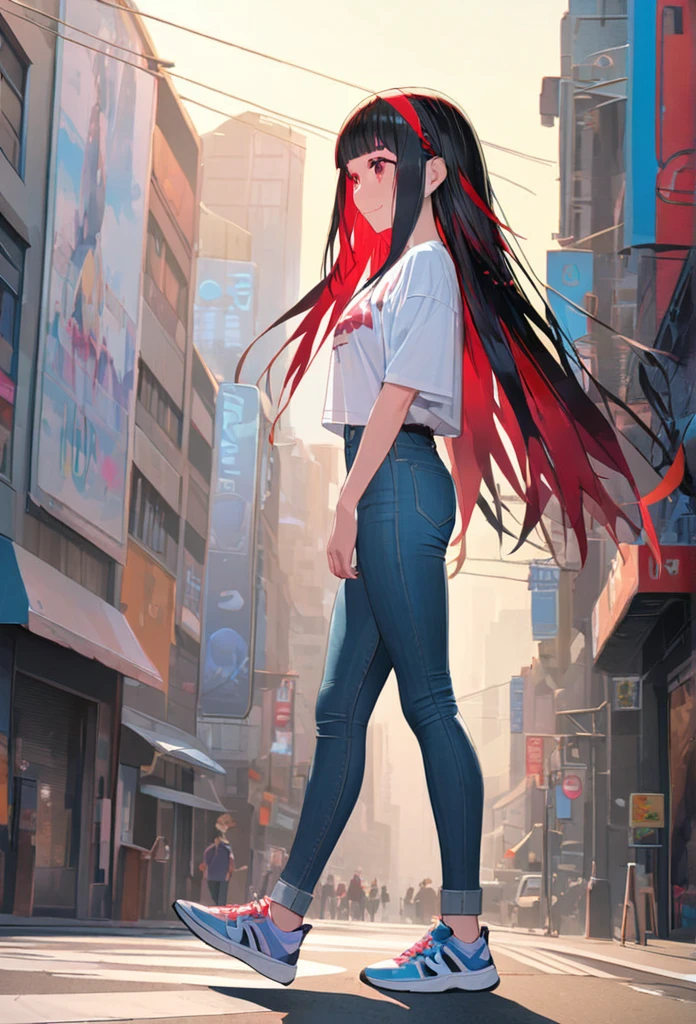 (best quarity,ultra detailed,ultra-high-resolution, absolutely resolution,8k, masterpiece), very-cute-and-beautiful-anime-girl, full body, walking, from side, looking away, smile, white shirts, jeans, crimson eyes, long hair, straght hair, black hairs, (red streaked hair:1.2), blunt bangs, braid, hairband,sneakers, solo, city, street background, blue sky, long shot,