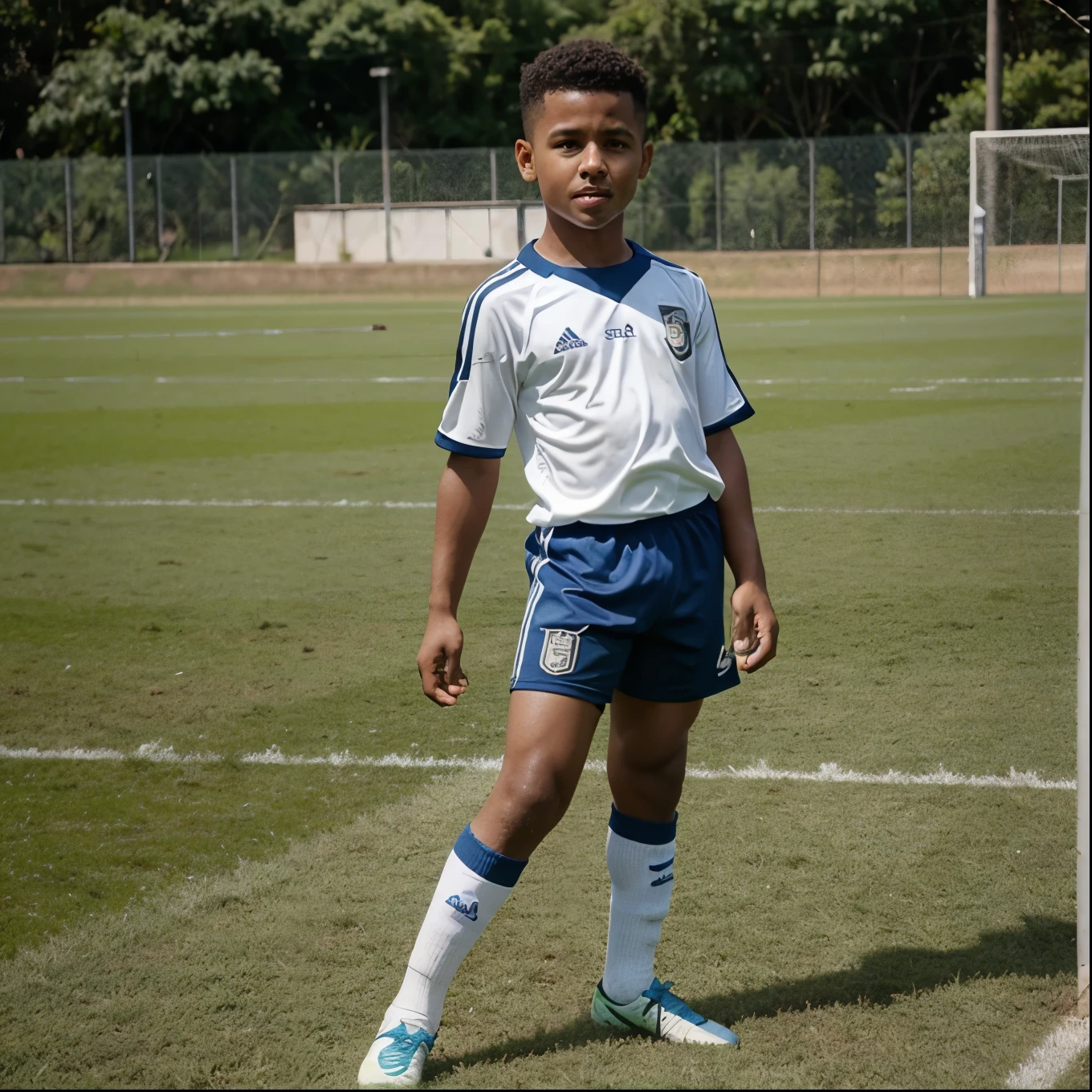garoto num campo de futebol sem uniforme de time olhando com desprezo a bola de futebol e mais interessado no seu sorvete