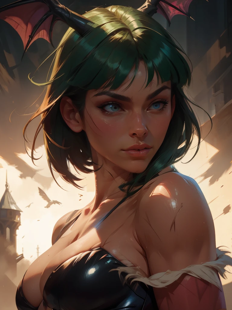 Realistic oil paint of Morrigan Aensland, hot Body, Dynamic sensual pose, detailed skin Textures, intricate, detailed face, hyperrealistic, realistic light and shadows , cinematic lighting. Dark castle background.