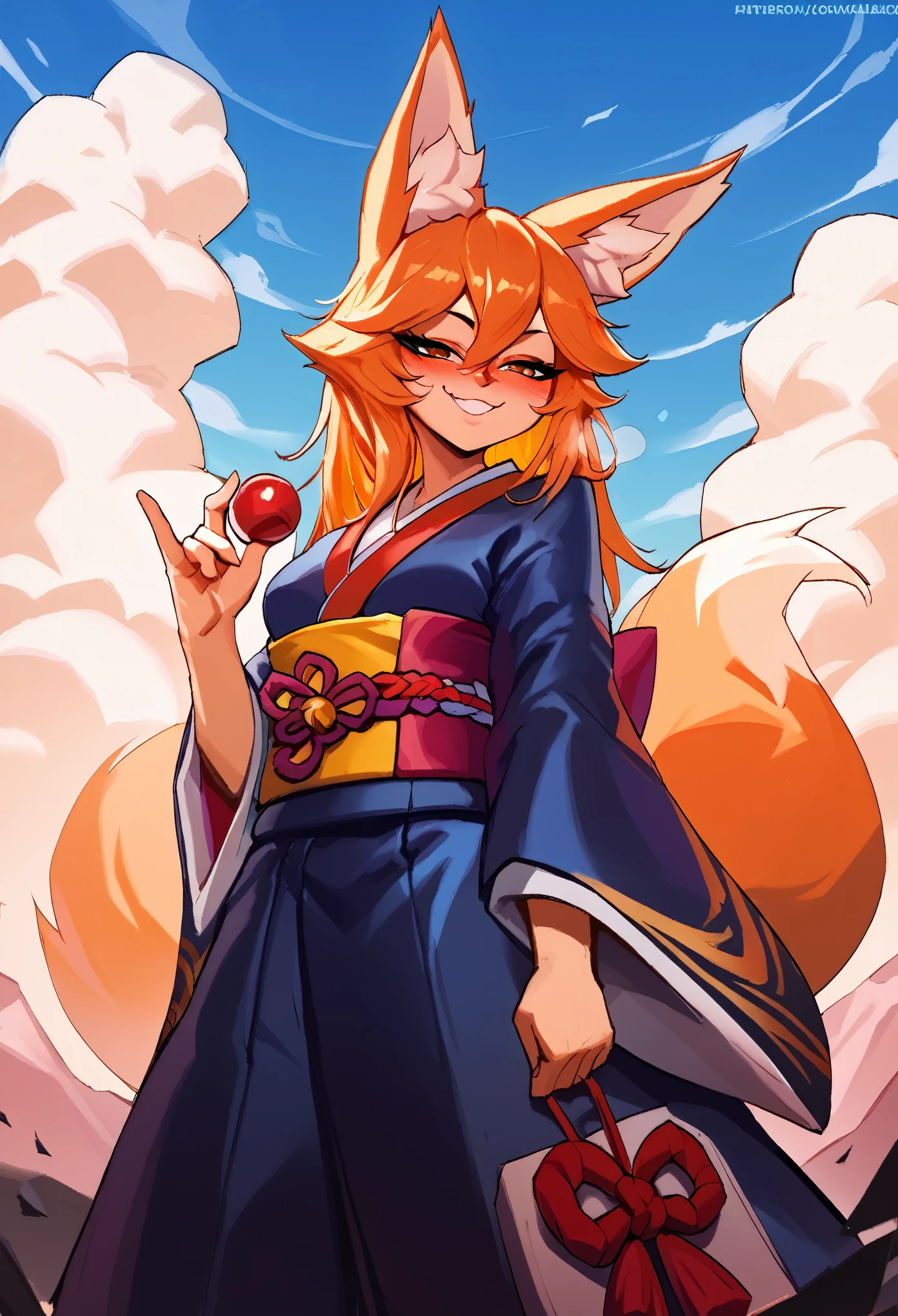 score_9, score_8_up, score_7_up, score_6_up, score_5_up, score_4_up, BREAK1girl,solo,fox ears,japanese clothes,animal ear fluff,sash,kimono,smile,blush,hair between eyes,wide sleeves,obi,sleeves past wrists,blue sky,blue sky, sunrise stance, (masterpiece), (best quality),