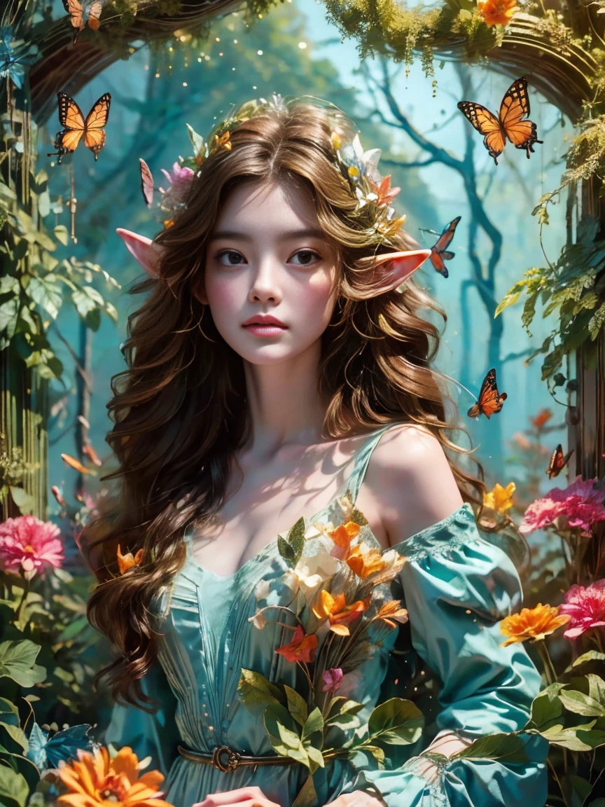 Flower path, journey, Quiet grove, Magical beautiful delicate butterfly, Butterflies of all sizes flutter around it., A serious atmosphere, brightness, Connection with nature, Dusk begins in the background, There is a mysterious and charming atmosphere, (There is a long-haired elf in the woods:1.3), (pointy ears), Delicate face, And very beautiful, crescent hair ornament, rococo style, Conceptual art, first-person view, UHD, anatomically correct, masterpiece, accurate, textured skin, super detail, award winning, 8k