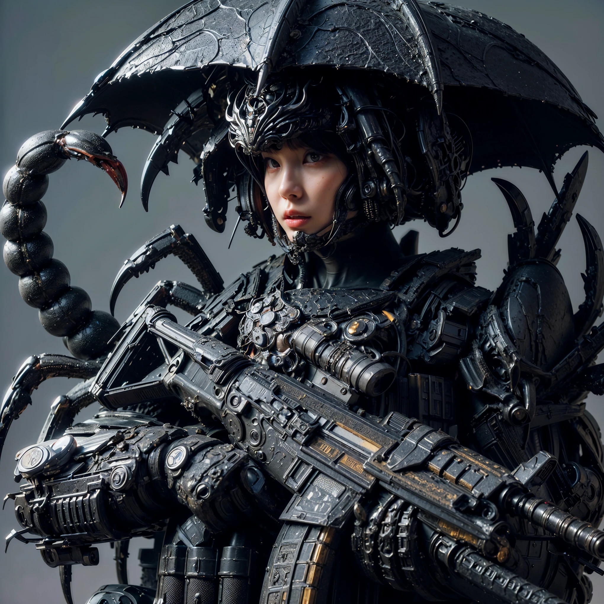 (top-quality:1.2, masterpiece), ultra high resolution, (Photorealsitic:1.4), (crab-base body), 1 Japanese female, extremely realistic face, (white hair), ((ultimately intricate all details)), (whole body picture), realistic shadow, octan render, glossy textures, character edge light, Details of complex ornaments, dystopia with a beautiful view at night, fighting pose