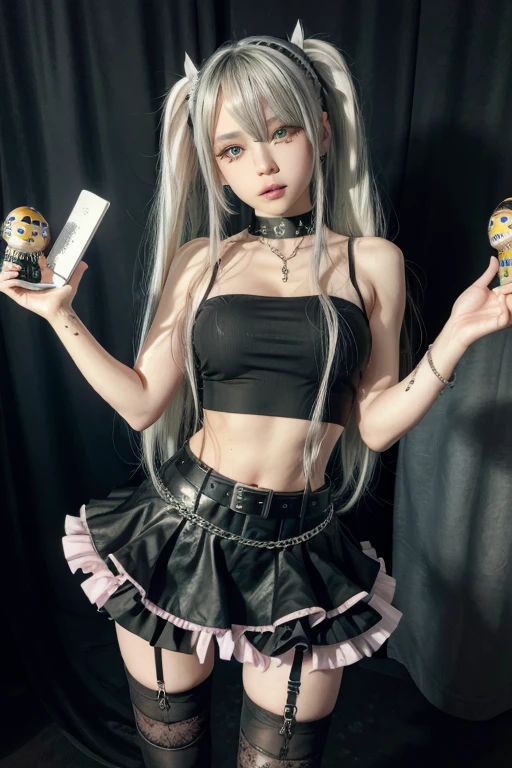 ((face portrait)), masterpiece, best quality, highres,1girl, jewelry, single thighhigh, silver hair, hair over one eye, midriff, black skirt, asymmetrical legwear, pink shirt, sleeveless, black thighhighs, belt, landscape background, standing, portrait,((matryoshka miku))