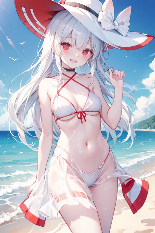 white hair, red eyes, laughing, water, seaside, beach, sunny girl