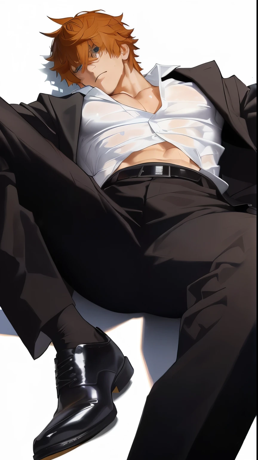 Cartoon image of a man in a suit lying on the ground, Cool anime poses, Anime handsome man, Smooth anime CG art, Male anime characters, Characters in The King of Fighters, 2 b, 2b, Kentaro Miura Art, Close-up shot of Shinji Aramaki, Xin Jiacheng, Well-dressed. sexy painting, Kentaro Miura style