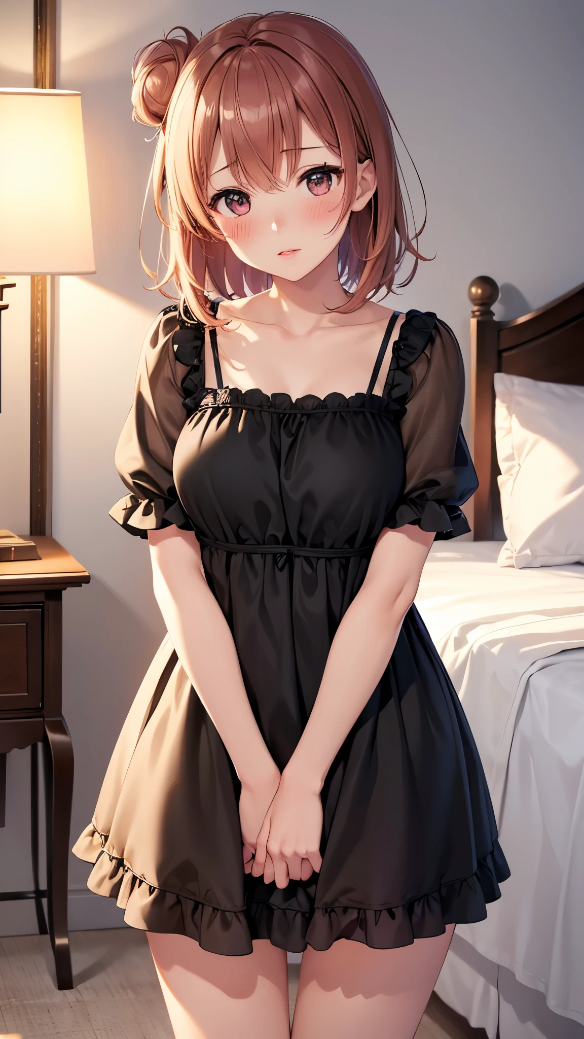 1girl, solo, masterpiece, best quality, high res, highly detailed, illustration, beatiful detailed eyes, yuigahama yui, single hair bun, glossy lips, light makeup, blush, looking at viewer, lips parted, standing, blush, bedroom, (sheer black nightdress)