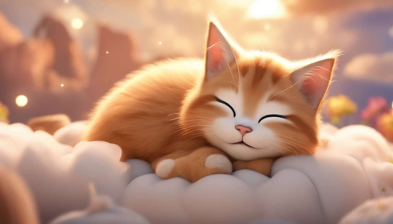Disney Pixar-style light brown and white kitten sleeping with eyes closed on a cloud 15,000 meters above the ground。
