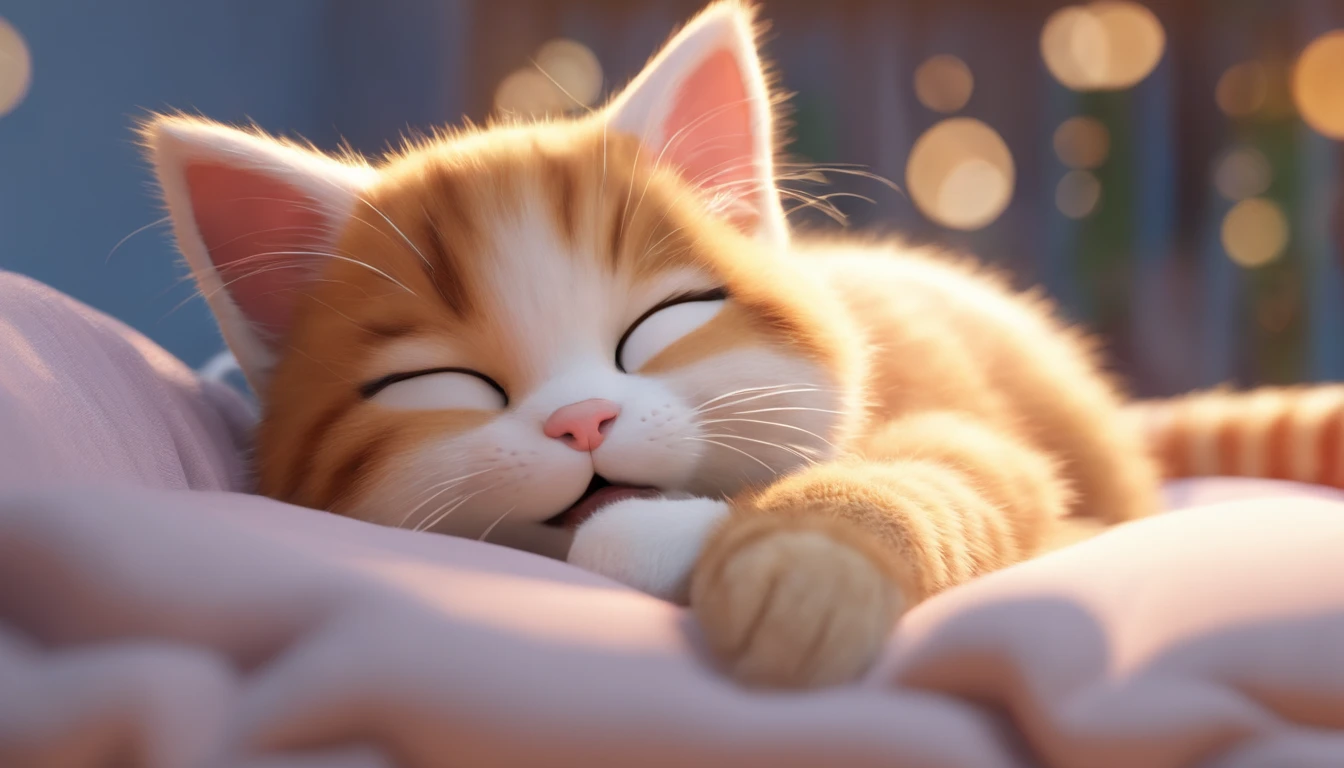 Disney Pixar-style light brown and white kitten sleeping with eyes closed on a cloud 15,000 meters above the ground。