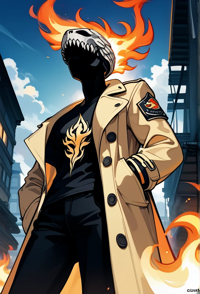 adult male, (completely black head, charcoal head, head on fire, head in flames, head covered in flames), (no face, unseen face), tall, fit body, (golden eyes, side eyeing viewer), (long trench coat, black t-shirt, black pants), hands in trench coat, below view, sidewalk, morning, cowboy shot