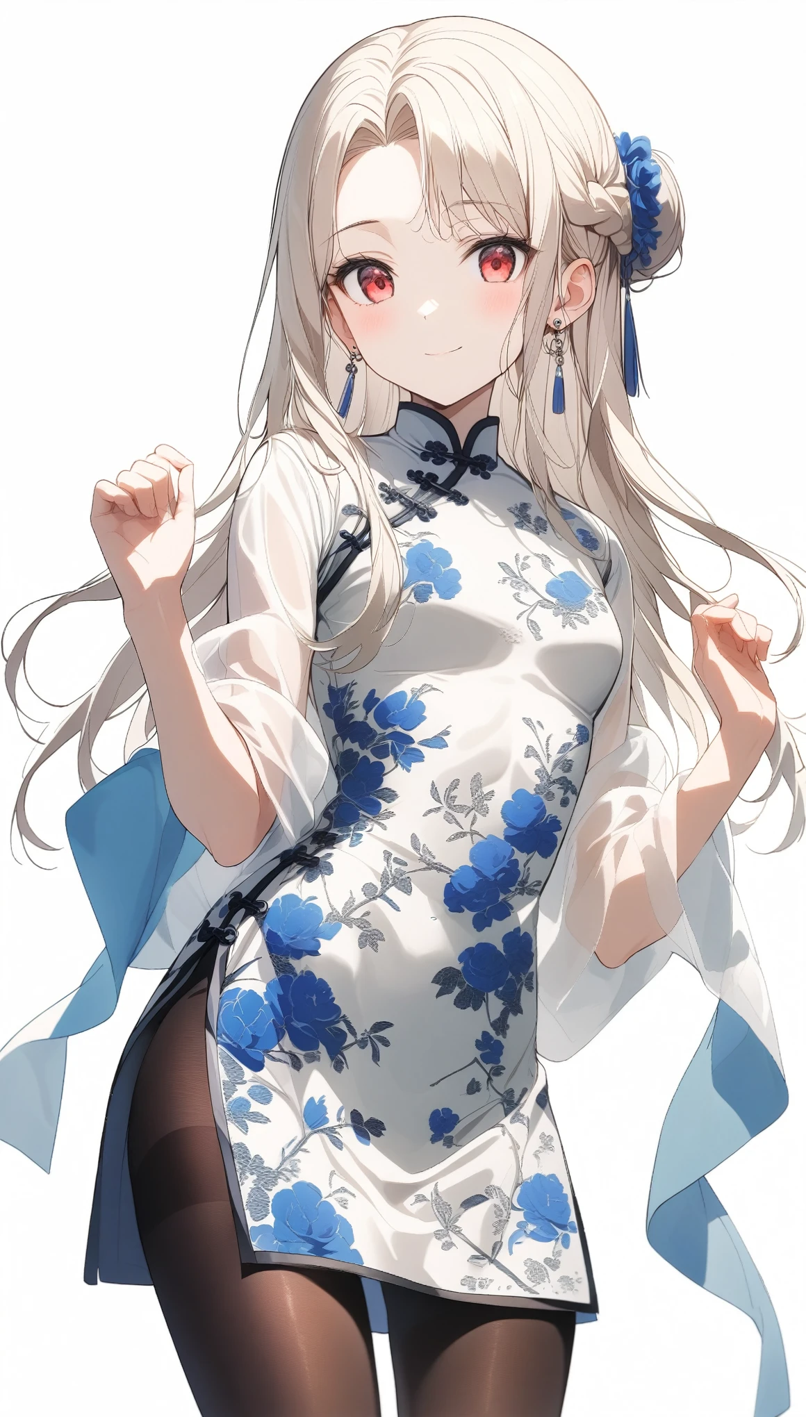 qipao,Solitary,1 Girl,(Ilyasviel von Eisbern),Red_Eye,cream hair,(French Braid),Smile,Blue flowers,breast,china skirt,Chinese clothes,skirt,shawl,earrings,Floral,hands up,long hair,looking at the audience,Pantyhose,print skirt,Simple background,Smile,Solitary,White background