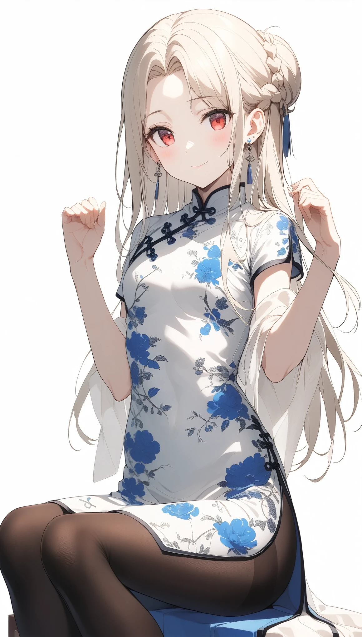 qipao,Solitary,1 Girl,(Ilyasviel von Eisbern),Red_Eye,cream hair,(French Braid),Smile,Blue flowers,breast,china skirt,Chinese clothes,skirt,shawl,earrings,Floral,hands up,long hair,looking at the audience,Pantyhose,print skirt,Simple background,Smile,Solitary,White background