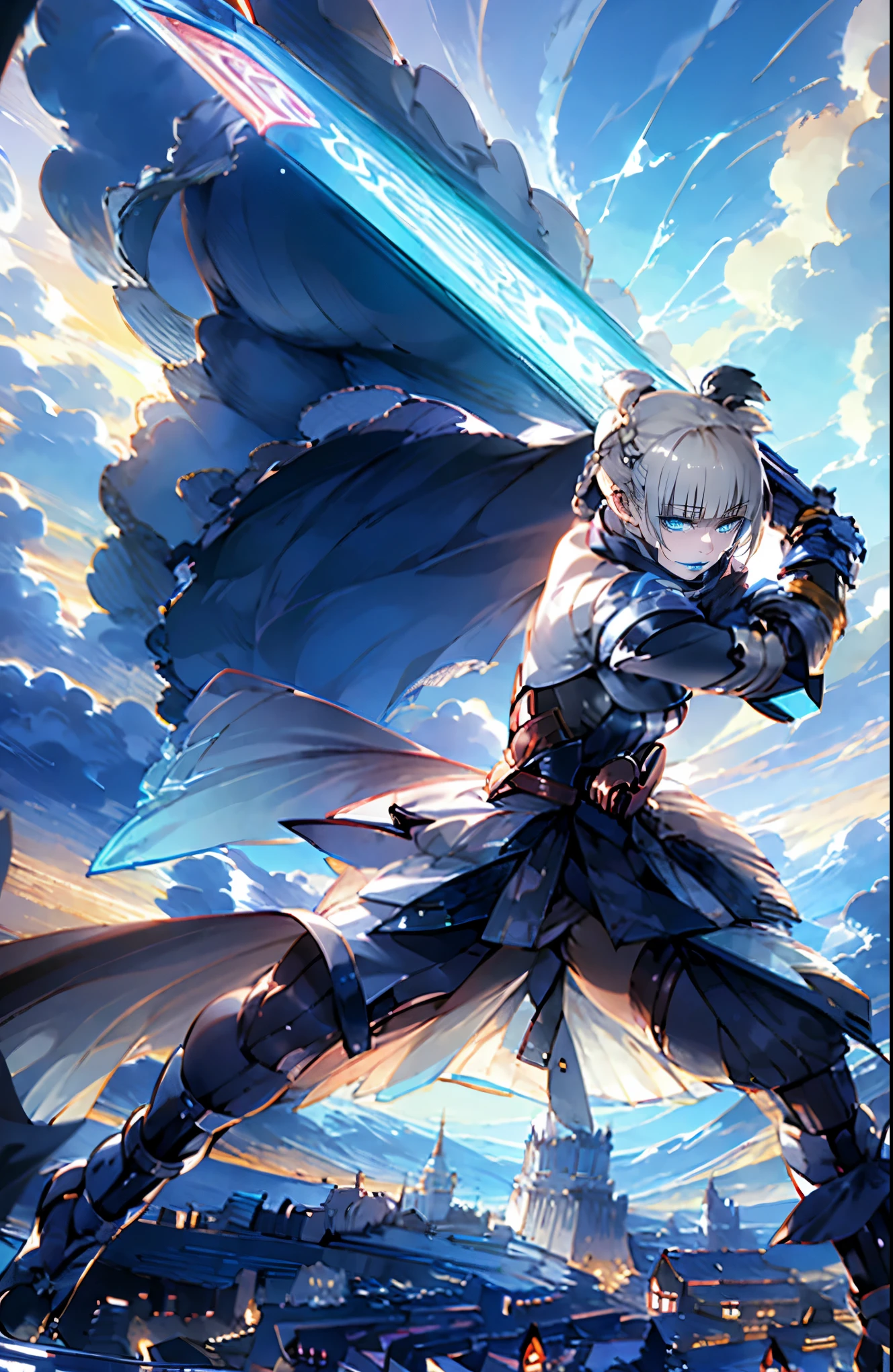 silver hair, o-ring braid, ribbon, blue lips, dark-blue eyes, curvy, large breasts, anatomically correct, heavy breathing, mature female, (bodysuit:1.3), cape, field, cloudy sky, holding sword, glowing sword, fantasy art, epic art, dynamic pose, fire,