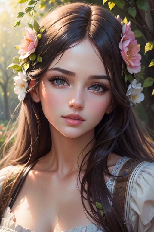 best quality,highres,ultra-detailed,realistic,professional,portraits,detailed eyes and face,beautiful detailed lips,longeyelashes,1girl,beautiful garden scene,soft natural lighting,vivid colors, oil painting style,sharp focus,detailed flowers and trees,serene atmosphere