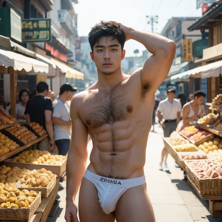 Full body, meat display In the background, market, market display In the background, fish display In the background, very hairy armpits, hairy pubic, hairy crotch, hairy body, In the charming picture there is a handsome Chinese boy with his big bulge, muscular body, background in the sky has big bold sun, His charm radiated as he proudly showed off his sweaty very hairy armpits in a full standing pose.. He wore a white sexy thong, that highlighted his figure, He stood in the middle of the crowded traditional market environment., Bathed in the golden light of a beautiful day. With unparalleled attention to detail., This photorealistic portrait combines the style of National Geographic., Capture every detail of his textured skin in 8k resolution. Leica digital SLR camera. His features were clearly visible., From the deep-set eyes to the chiselled jawline., Make this image a true masterpiece..Lift. (8K UHD、RAW Photography、Photorealistic Portrait Leica Digital SLR、Lifelike images), big bulge in his very thin thong