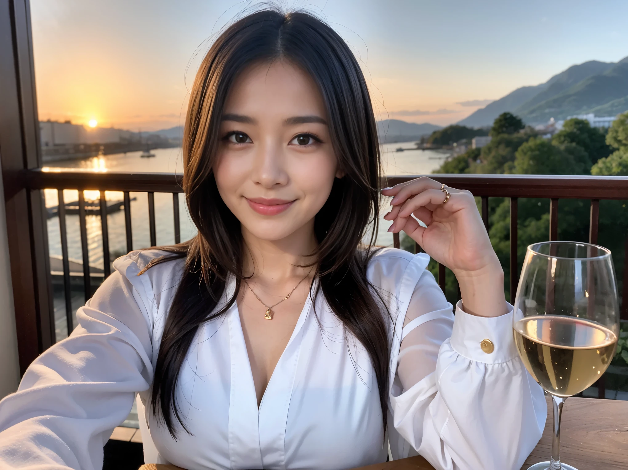 ((Highest quality、8k、masterpiece:1.3))、cute、Slim couple、Model Couple、Actress、(Realistic, Intricate details:1.2), full-course dinner、Wine 、Amazing view of the sunset sky and clouds、A bright smile、short hair,Bright Face、 (45 years old), 48 years old, 赤Wine 、Appetizers、Italian food、Wine bottle、Champagne、スパークリングWine、Two beauties、Brown Hair、Shortcuts、Long sleeve shirt、dress、Beautiful woman 1, (Slim face), (The body is slim), (Brown Hair), (Shortcuts), cheeks turn a little red,Attractive beauty、restaurant, In a prominent place (From the waist up) Nova Frog Style, actress, model, Upper Body, 白Wine, slim, Wineグラス, 中央に置かれたWineグラス, smile, (smile: 1.15), Beautiful fine grain, Depth f/2,saturation, High Contrast, Strong light and shadow,Moist Body:1.5、3D texture、Delicate eyes、Brown Hair、The hair is very shiny、