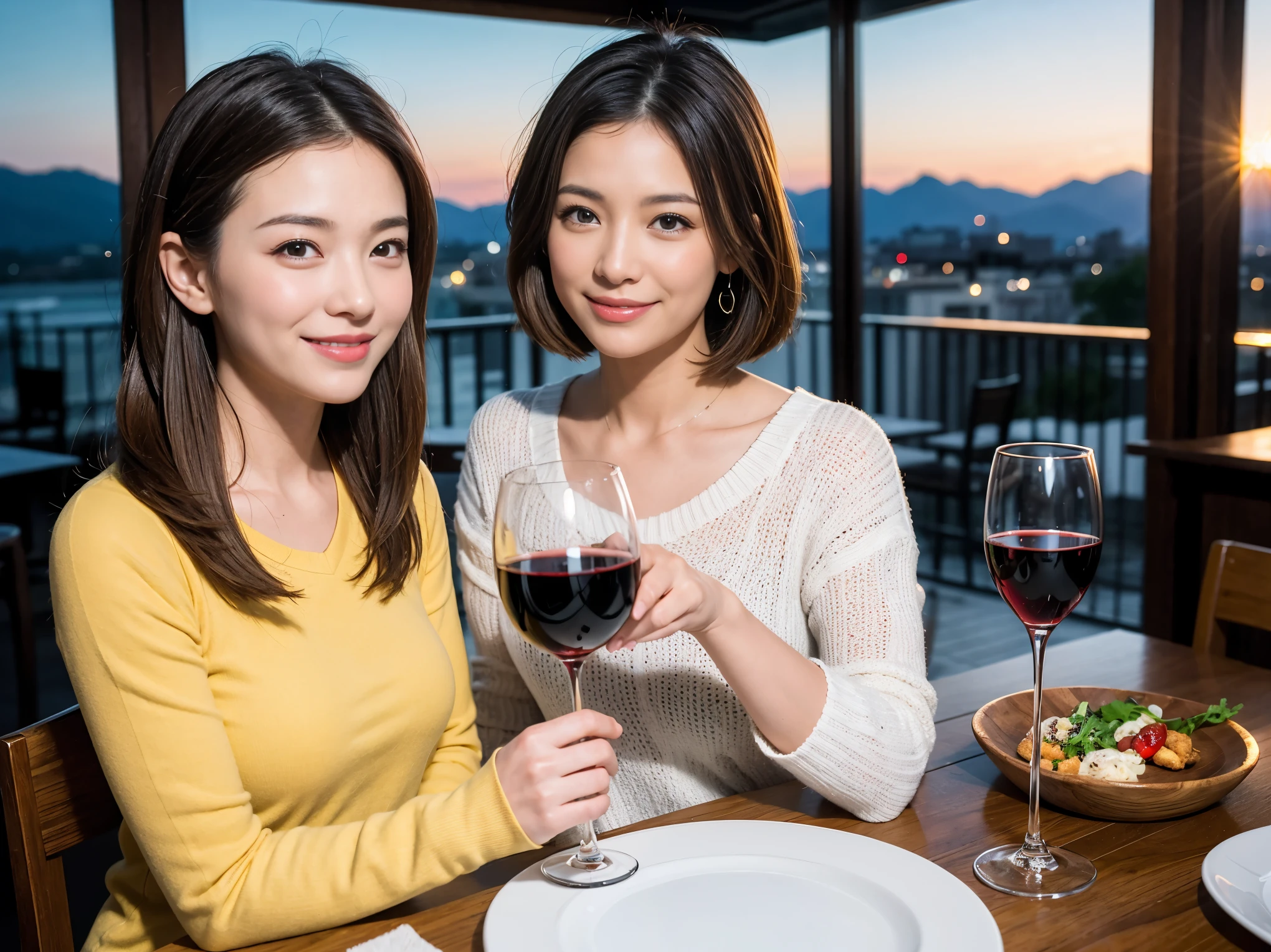 ((highest quality、8k、masterpiece:1.3))、1 male、1 female、石原さとみ似美女Couple、Spouse、Couple、The body is slim、((Bob Hale、Straight hair:1.2)), (Realistic, Intricate details:1.2), テーブルの上のwine glass、Put the light on your face、 Amazing view of the sunset sky and clouds、Amazing mountain views、A bright smile、The wonderfulness of smile、Bright image、The beauty of wine, Beautiful Face, blue eyes, The light shines on your face, Blushing, short hair,Bright Face、 (Age 37), 41 years old, red wine 、Appetizers、Italian food、Wine bottle、Champagne、sparkling wine、Two beauties、Brown Hair、Shortcuts、Long sleeve shirt、dress、Pretty Woman 1, (slimな顔), (The body is slim), (Brown Hair), (Shortcuts), cheeks turn a little red,Attractive beauty、restaurant, In a prominent place (From the waist up) Nova Frog Style, actress, model, Upper Body, White wine, slim, wine glass, 中央に置かれたwine glass, smile, (smile: 1.15), Beautiful fine grain, Depth f/2,saturation, High Contrast, Strong light and shadow,Moist Body:1.5、3D texture、Delicate eyes、Brown Hair、The hair is very shiny、