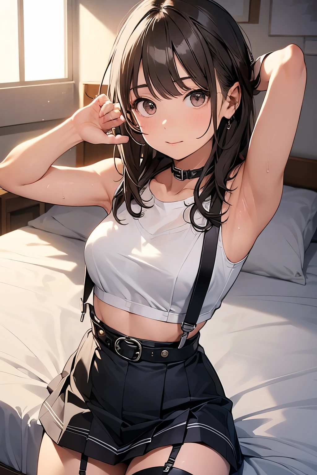 Staring at the audience Black suspenders bulging big breasts wall mini skirt garterbelt garter sight Small face holster Beautiful woman Show your hand Lying in bed sight Taunt side side汗 arm belt summer Armpit sweat