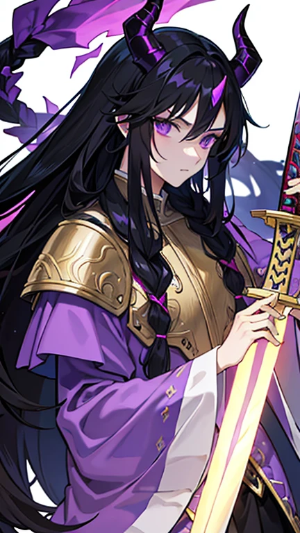 Man, long black hair, purple eyes, fantasy world, good figure, handsome, holding a sword, royal clothing, luxurious, horns, anime, plain face, braided hair