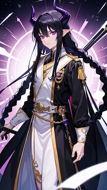Man, long black hair, purple eyes, fantasy world, good figure, handsome, holding a sword, royal clothing, luxurious, horns, anime, plain face, braided hair 