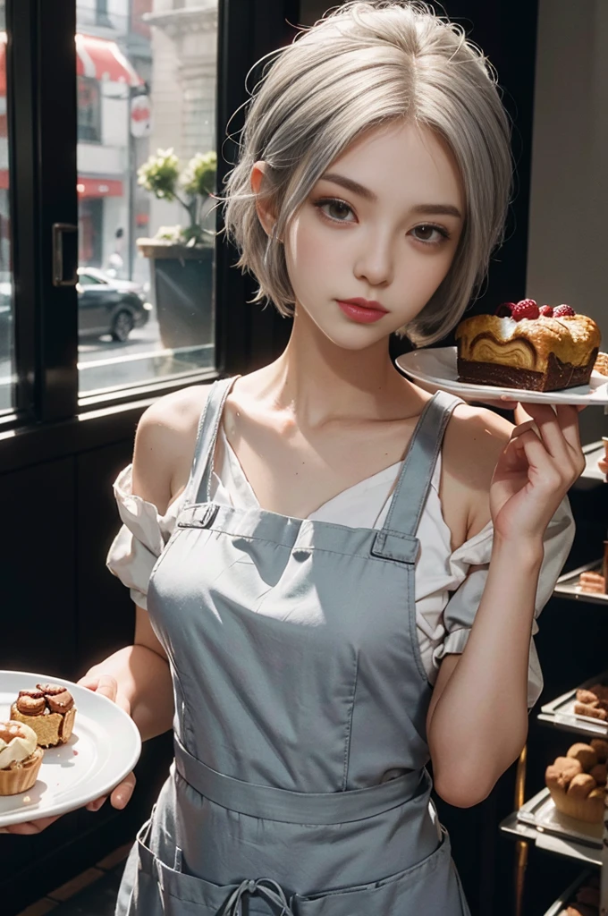 Top image quality、8K,RAW photography、超高分辨率、-yeld Kon、Culinary apron、Black apron、Large round breasts、a short bob、Shiny white skin、beautiful eyes of random colors、Very thin lips、Beautiful eyes in every detail、Elongated eyes、pale pink blush、long eyelasher、beautiful double eyelid、eye shadows、light white hair、Black walls、Kitchen、Cafe kitchen、Cafe counter table