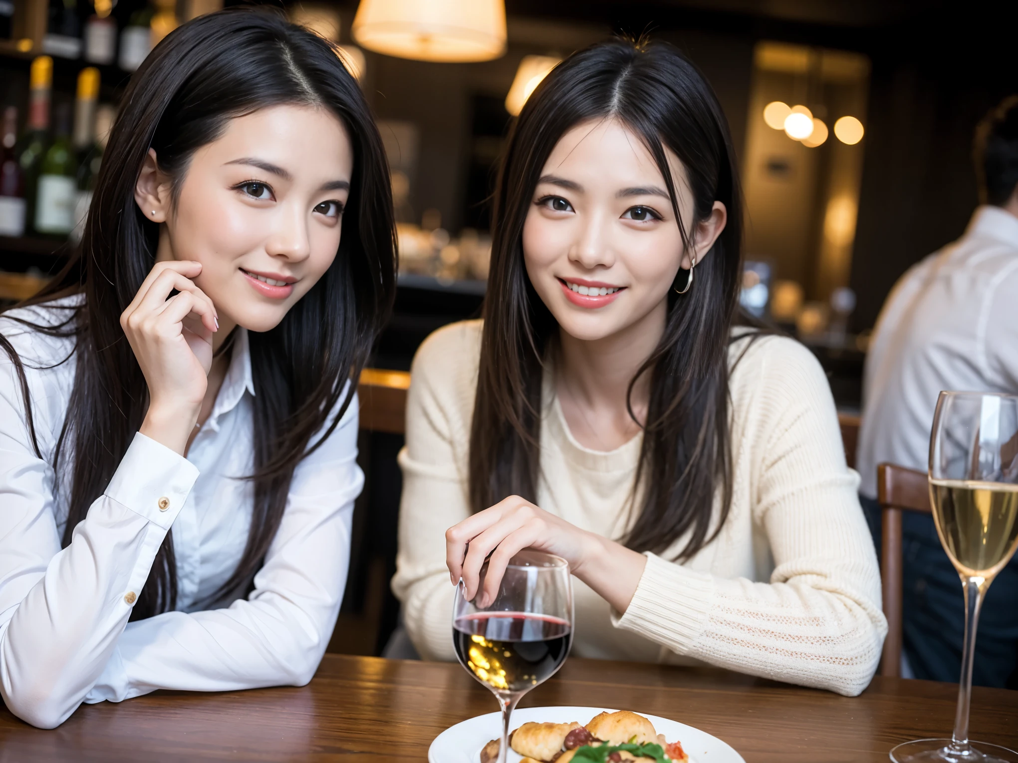 ((highest quality、8k、masterpiece:1.3))、1 male、1 female、石原さとみ似美女Couple、Spouse、Couple、The body is slim、((Bob Hale、Straight hair:1.2)), (Realistic, Intricate details:1.2), テーブルの上のwine glass、Put the light on your face、 Amazing view of the sunset sky and clouds、Amazing mountain views、A bright smile、The wonderfulness of smile、Bright image、The beauty of wine, Beautiful Face, blue eyes, The light shines on your face, Blushing, short hair,Bright Face、 (Age 37), 41 years old, red wine 、Appetizers、Italian food、Wine bottle、Champagne、sparkling wine、Two beauties、Brown Hair、Shortcuts、Long sleeve shirt、dress、Pretty Woman 1, (slimな顔), (The body is slim), (Brown Hair), (Shortcuts), cheeks turn a little red,Attractive beauty、restaurant, In a prominent place (From the waist up) Nova Frog Style, actress, model, Upper Body, White wine, slim, wine glass, 中央に置かれたwine glass, smile, (smile: 1.15), Beautiful fine grain, Depth f/2,saturation, High Contrast, Strong light and shadow,Moist Body:1.5、3D texture、Delicate eyes、Brown Hair、The hair is very shiny、
