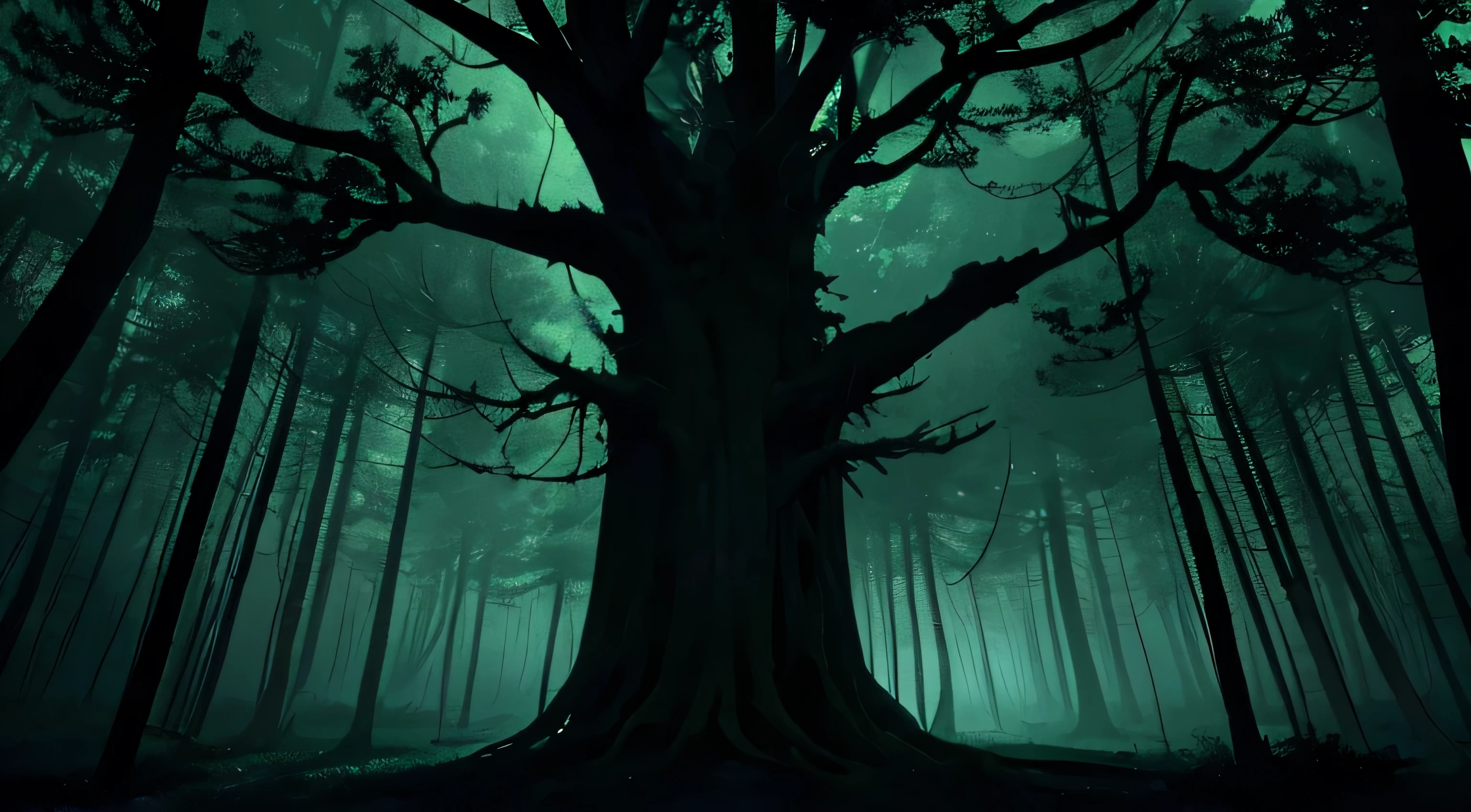 In the dark and spooky depths of the forest、From the ground１From a height of about a metre、Generate an image looking diagonally upwards。A close-up of the top of the tree。The tree branches are thick and々It is growing in a certain direction.。