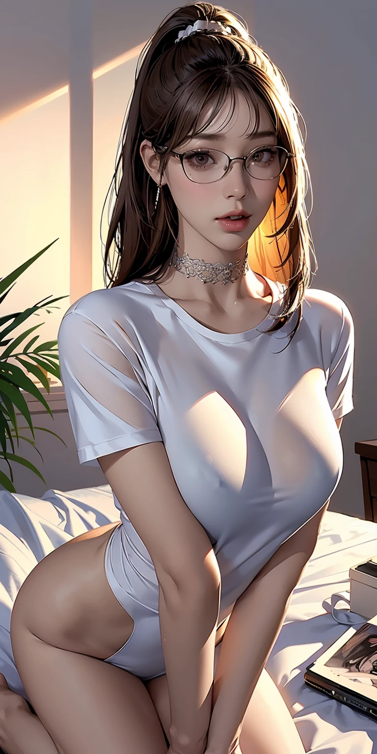 a woman sitting , bed , bed room , table, plants, window, mouth hold shirt, NSFW (masterpiece),(( hyper intricate fine detail)), (highly detailed CG illustration),(expressionless), (best quality:1.2),realistic8K UHD, High definition,(1girl:1.2), High-quality texture, intricate details, absurdes, detailed texture, finely detailed, high detail, extremely detailed cg, High-quality shadow, a realistic representation of the face, Detailed beautiful delicate face, Detailed beautiful delicate eyes, brown eye pupil, a face of perfect proportion, Depth of field, Cinematic Light, Lens Flare, Ray, mature, milf,, absurd res, milf, mature woman, perspective, highly detailed, illustration, 1girl, (large breasts), perfect hands, detailed fingers, beautiful detailed eyes, ponytail hair, brown eyes, (office ladyi:1.2), (( t-shirt)), show nipple, ((naked)), choker earrings, glasses, bracelets, detailed background, perfect eyes, seductive eyes, cowboy shot, clothes lift, (((mouth hold))),