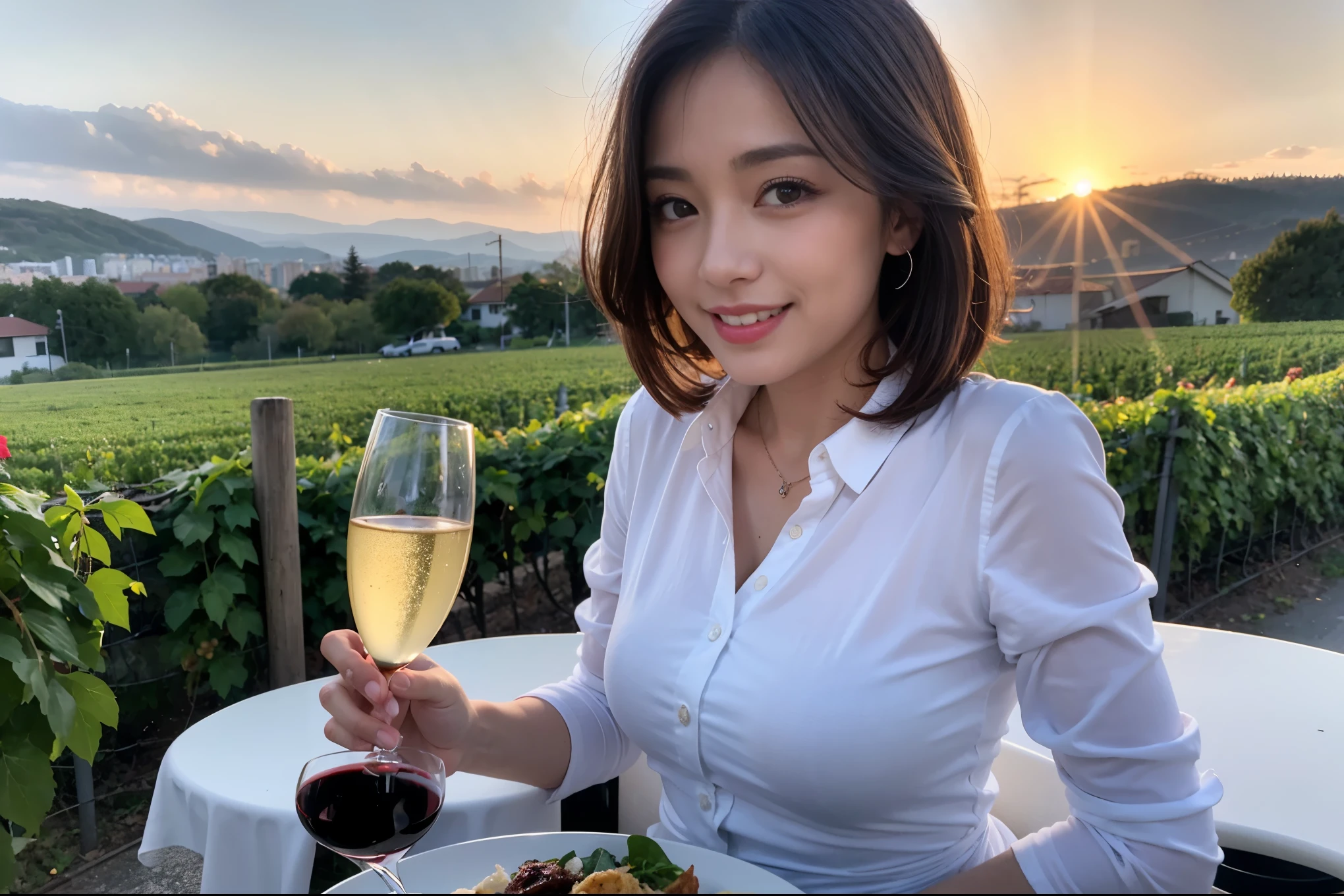 ((Highest quality、8K、masterpiece:1.3))、slimカップル、modelカップル、(Realistic, Intricate details:1.2), full-course dinner、Wine Party、Amazing view of the sunset sky and clouds、A bright smile、The wonderfulness of smile、Bright image、The beauty of wine, Beautiful Face, blue eyes, The light shines on your face, Blushing, short hair,Bright Face、 (Age 37), 39 years old, red wine 、Appetizers、Italian food、Wine bottle、Champagne、sparkling wine、Two beauties、Brown Hair、Shortcuts、Long sleeve shirt、dress、Beautiful woman 1, (slimな顔), (The body is slim), (Brown Hair), (Shortcuts), cheeks turn a little red,Attractive beauty、restaurant, In a prominent place (From the waist up) Nova Frog Style, actress, model, Upper Body, White wine, slim, wine glass, 中央に置かれたwine glass, smile, (smile: 1.15), Beautiful fine grain, Depth f/2,saturation, High Contrast, Strong light and shadow,Moist Body:1.5、3D texture、Delicate eyes、Brown Hair、The hair is very shiny、