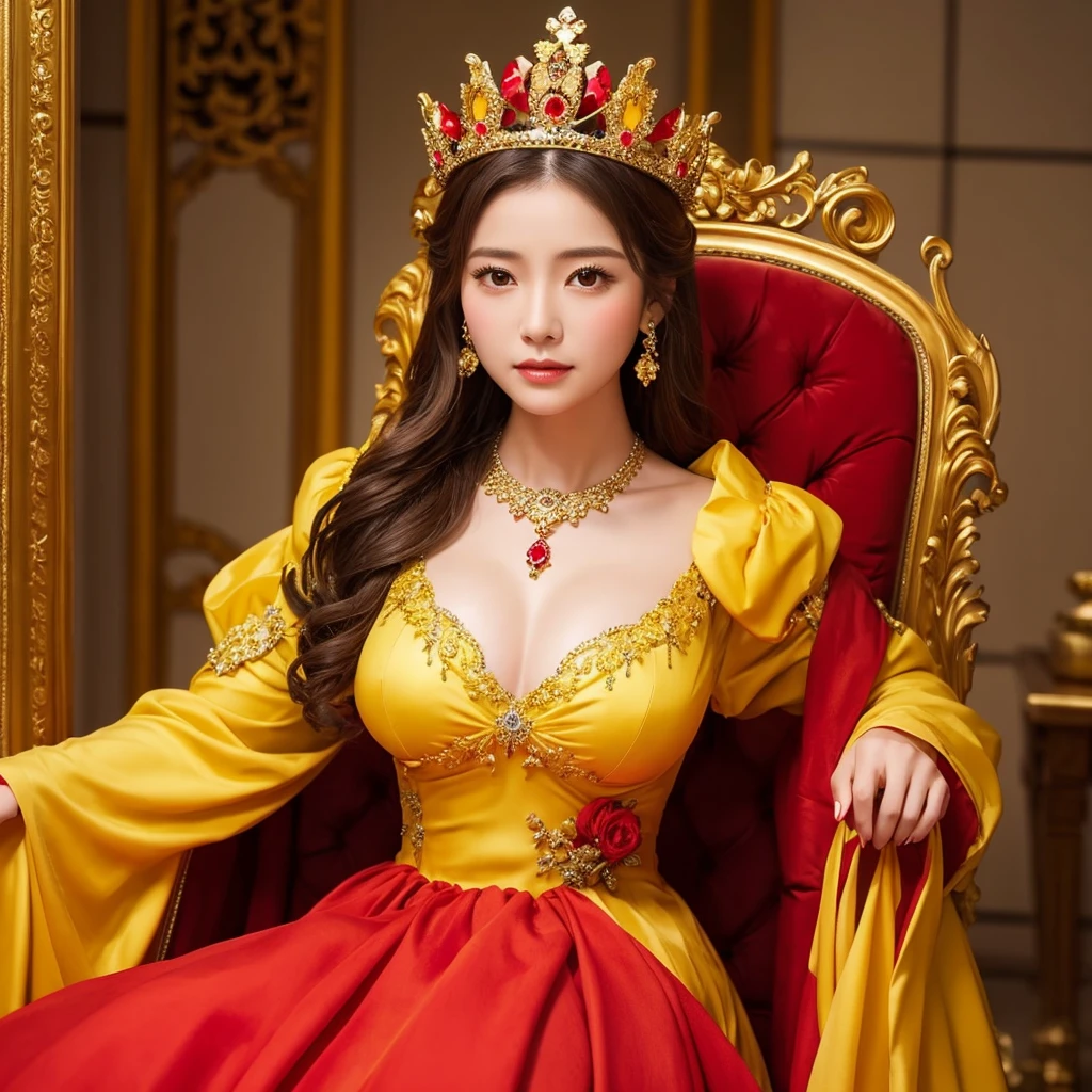 A woman sits on a throne and wears a yellow and red dress、Very large breasts、Wearing a beautiful crown、She looks down on me