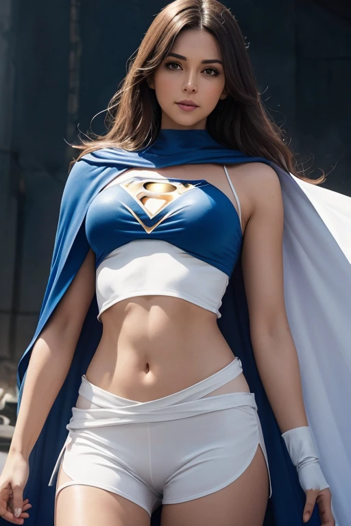 A woman in a white and yellow leotard with a midriff cutoff , muscular, gorgeous goddess, superhero leotard with a circular opening in the chest, epic sci - fi character art, Japanese woman, black long hair, cape