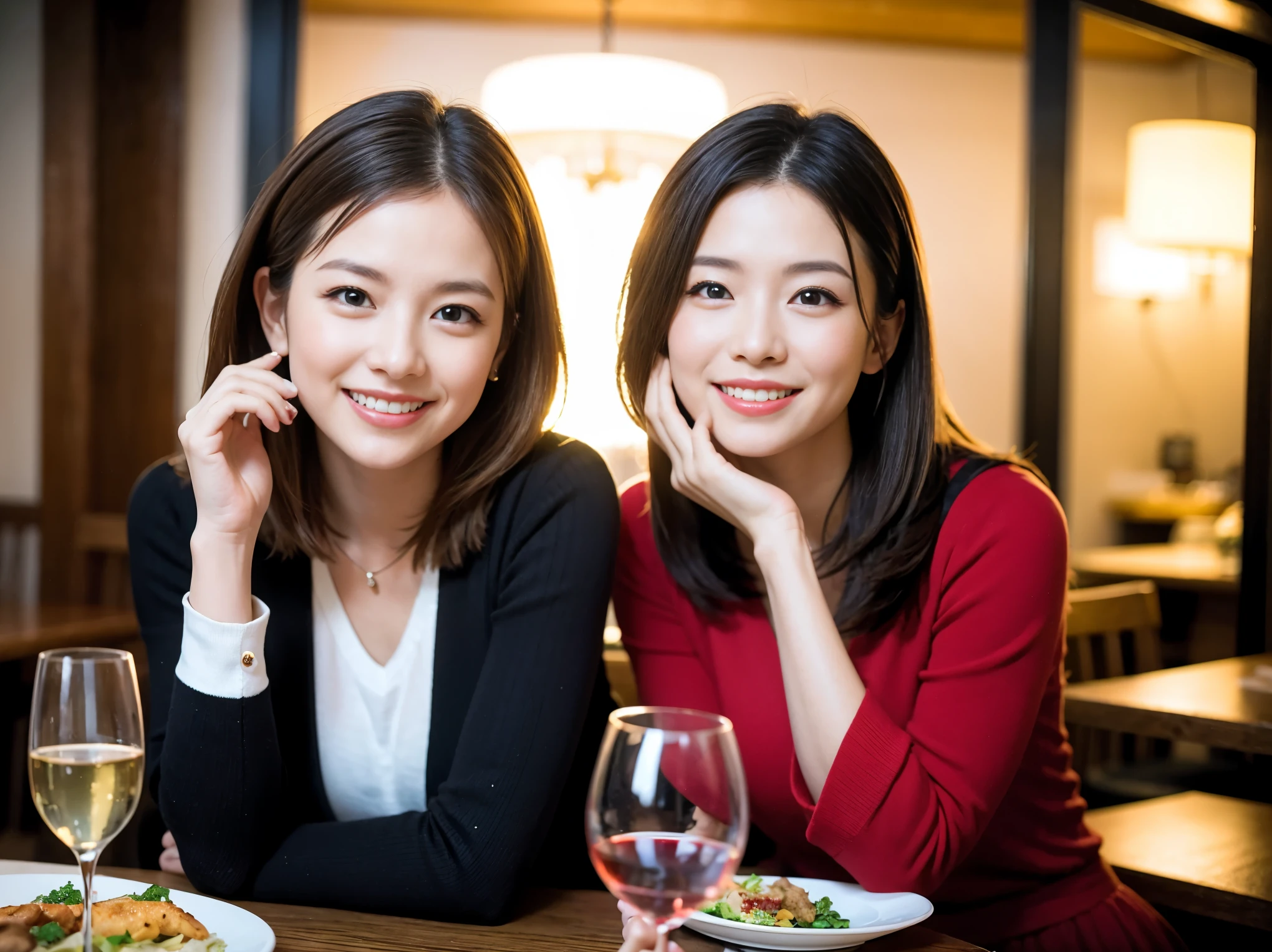 ((highest quality、8k、masterpiece:1.3))、1 male、1 female、Couple、Spouse、石原さとみ似美女Couple、The body is slim、((Bob Hale、Straight hair:1.2)), (Realistic, Intricate details:1.2), テーブルの上のwine glass、Put the light on your face、 Amazing view of the sunset sky and clouds、Amazing mountain views、A bright smile、The wonderfulness of smile、Bright image、The beauty of wine, Beautiful Face, blue eyes, The light shines on your face, Blushing, short hair,Bright Face、 (Age 35), 39 years old, red wine 、Appetizers、Italian food、Wine bottle、Champagne、sparkling wine、Two beauties、Brown Hair、Shortcuts、Long sleeve shirt、dress、Pretty Woman 1, (slimな顔), (The body is slim), (Brown Hair), (Shortcuts), cheeks turn a little red,Attractive beauty、restaurant, In a prominent place (From the waist up) Nova Frog Style, actress, model, Upper Body, White wine, slim, wine glass, 中央に置かれたwine glass, smile, (smile: 1.15), Beautiful fine grain, Depth f/2,saturation, High Contrast, Strong light and shadow,Moist Body:1.5、3D texture、Delicate eyes、Brown Hair、The hair is very shiny、
