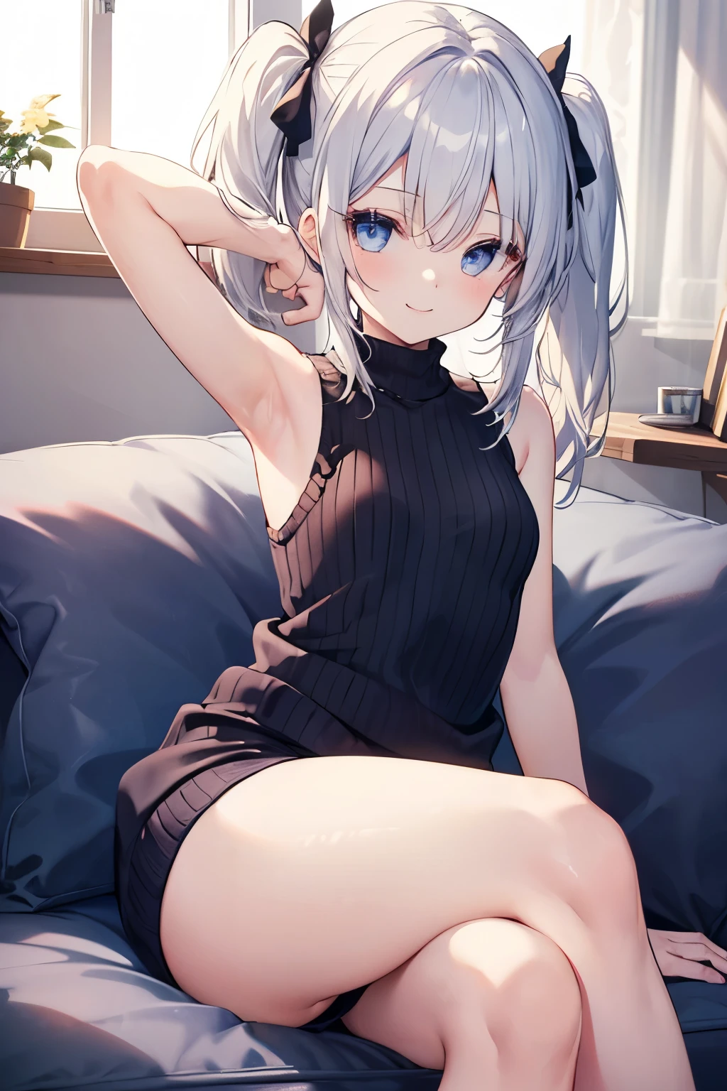 Silver Hair、Blue Eyes、girl、Small breasts、Twin tails、girl、Small breasts、Lolita、Bright smile、Looks about 、Petan Musume、short、目のhighlight、Sexy thighs、(length, High neck, Sleeveless sweater:1.3)、Showing armpits、Your eyes are so beautiful、highlight