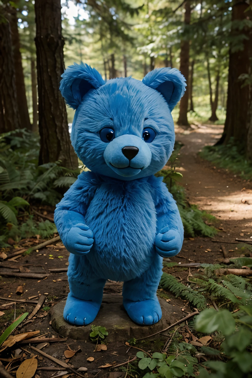 In a cartoon style blue furred small bear, blue eyes, lives in a forest