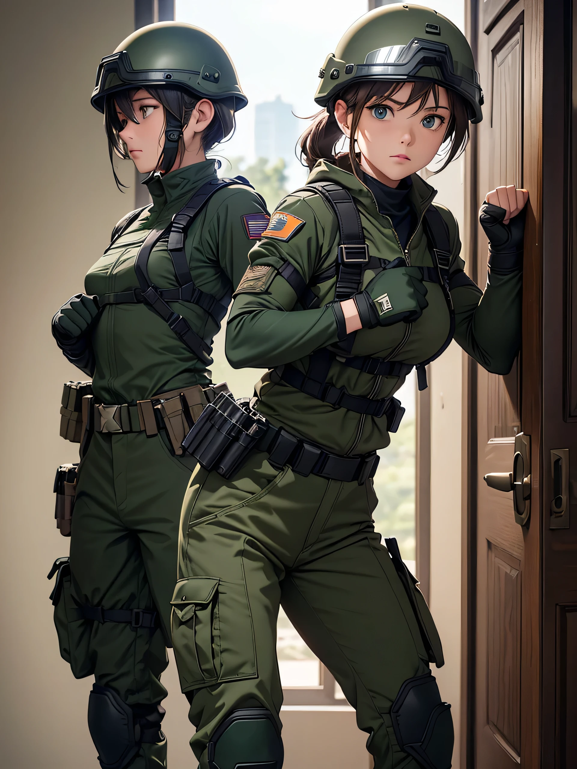 A female special forces soldier wearing a helmet，Clench your fists，Boxing Stance，front，Dark green M51 military uniform、Military Pants、Magazine Pouch、Tactical harness、Elbow pads，Knee pads，See the thighs，door，Write details、masterpiece、best quality、Highly detailed CG、8K picture quality、theater lighting、lens flare