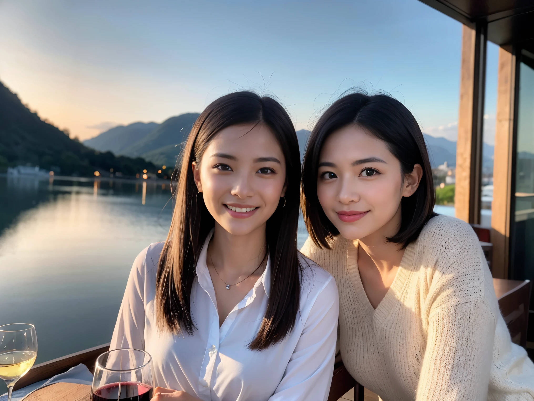 ((highest quality、8k、masterpiece:1.3))、1 male、1 female、石原さとみ似美女Couple、Spouse、Couple、The body is slim、((Bob Hale、Straight hair:1.2)), (Realistic, Intricate details:1.2), テーブルの上のwine glass、Put the light on your face、 Amazing view of the sunset sky and clouds、Amazing mountain views、A bright smile、The wonderfulness of smile、Bright image、The beauty of wine, Beautiful Face, blue eyes, The light shines on your face, Blushing, short hair,Bright Face、 (Age 37), Age 35, red wine 、Appetizers、Italian food、Wine bottle、Champagne、sparkling wine、Two beauties、Brown Hair、Shortcuts、Long sleeve shirt、dress、Pretty Woman 1, (slimな顔), (The body is slim), (Brown Hair), (Shortcuts), cheeks turn a little red,Attractive beauty、restaurant, In a prominent place (From the waist up) Nova Frog Style, actress, model, Upper Body, White wine, slim, wine glass, 中央に置かれたwine glass, smile, (smile: 1.15), Beautiful fine grain, Depth f/2,saturation, High Contrast, Strong light and shadow,Moist Body:1.5、3D texture、Delicate eyes、Brown Hair、The hair is very shiny、