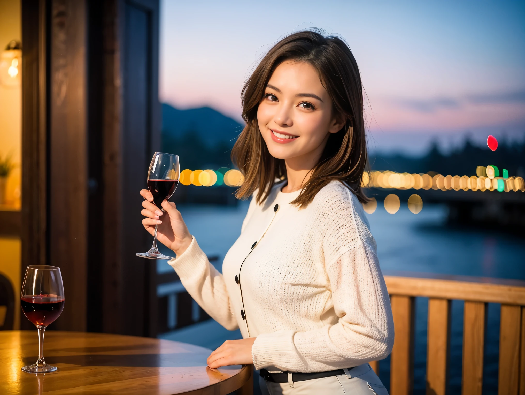 ((highest quality、8k、masterpiece:1.3))、1 male、1 female、石原さとみ似美女Couple、Spouse、Couple、The body is slim、((Bob Hale、Straight hair:1.2)), (Realistic, Intricate details:1.2), テーブルの上のwine glass、Put the light on your face、 Amazing view of the sunset sky and clouds、Amazing mountain views、A bright smile、The wonderfulness of smile、Bright image、The beauty of wine, Beautiful Face, blue eyes, The light shines on your face, Blushing, short hair,Bright Face、 (Age 37), Age 35, red wine 、Appetizers、Italian food、Wine bottle、Champagne、sparkling wine、Two beauties、Brown Hair、Shortcuts、Long sleeve shirt、dress、Pretty Woman 1, (slimな顔), (The body is slim), (Brown Hair), (Shortcuts), cheeks turn a little red,Attractive beauty、restaurant, In a prominent place (From the waist up) Nova Frog Style, actress, model, Upper Body, White wine, slim, wine glass, 中央に置かれたwine glass, smile, (smile: 1.15), Beautiful fine grain, Depth f/2,saturation, High Contrast, Strong light and shadow,Moist Body:1.5、3D texture、Delicate eyes、Brown Hair、The hair is very shiny、