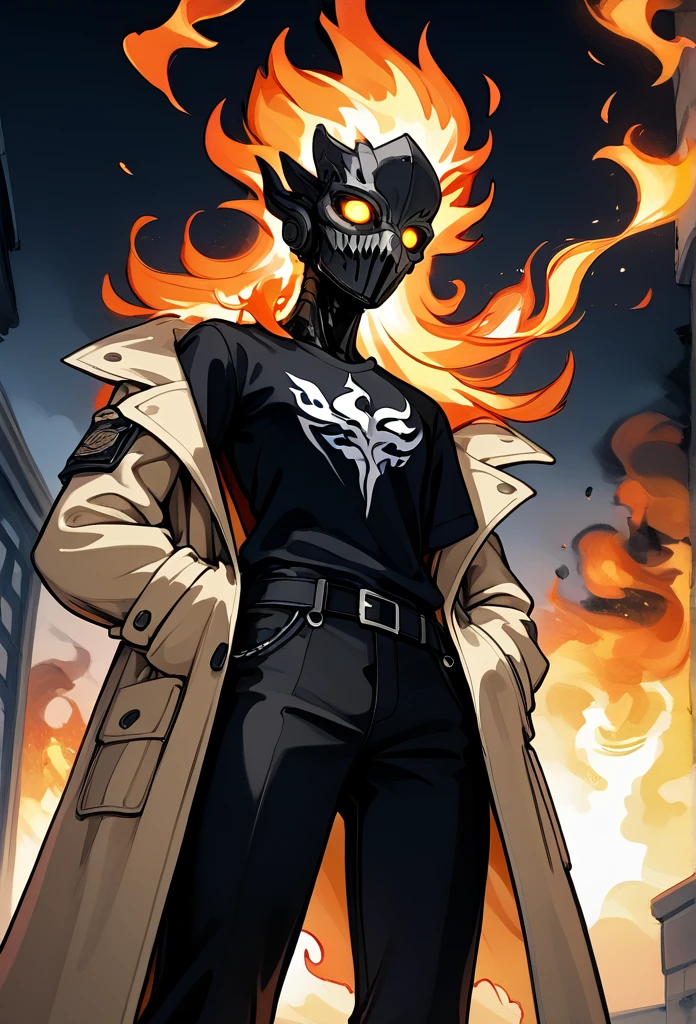 adult male, (completely black head, charcoal head, head on fire, head in flames, head covered in flames), (no face, unseen face), tall, fit body, (glowing eyes, golden eyes, side eyeing viewer), (long trench coat, black t-shirt, black pants), hands in trench coat, below view, sidewalk, morning, cowboy shot