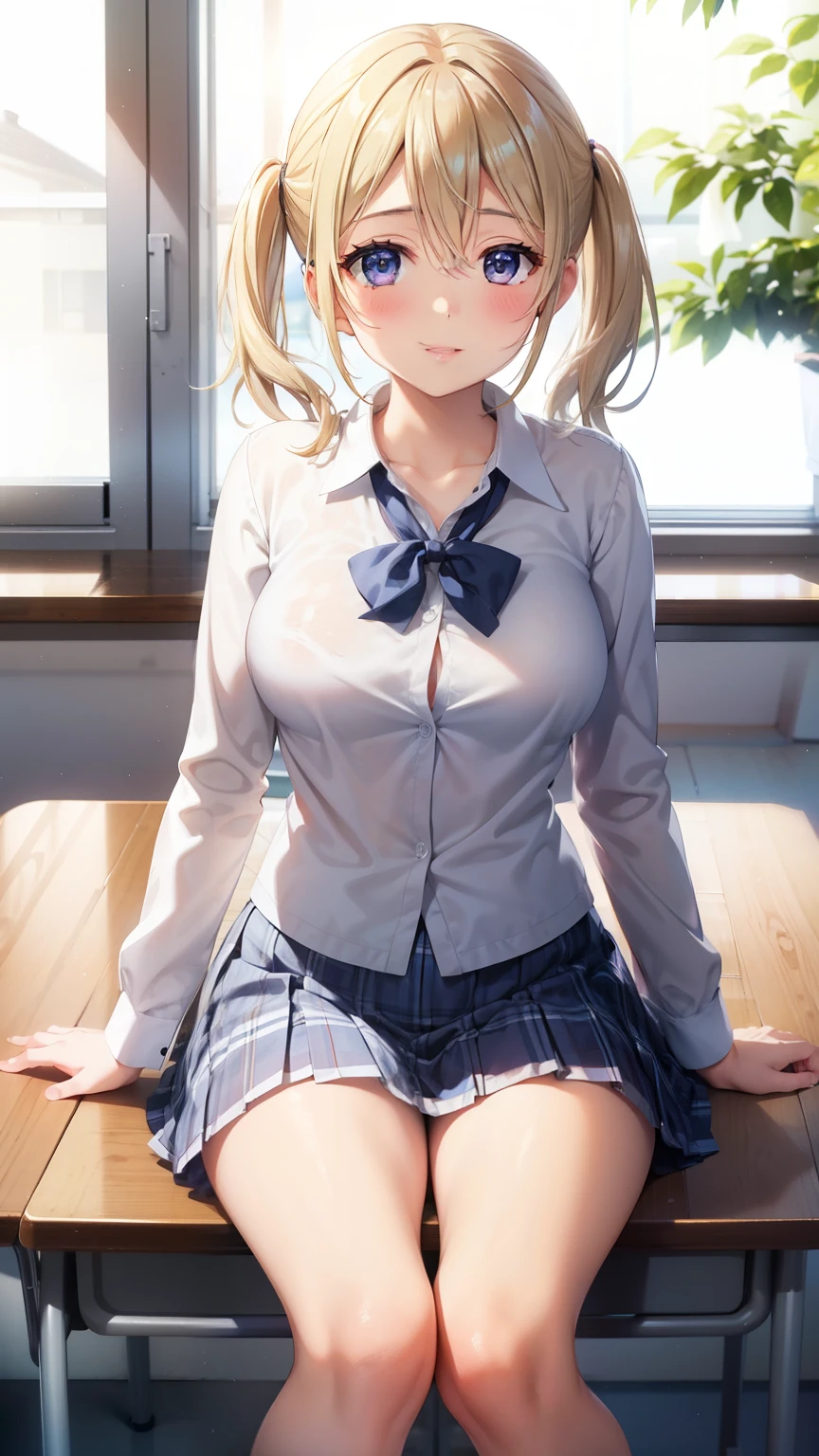 1girl, natural lighting, masterpiece, highly detailed, illustration, game CG, absurdres, high quality, beautiful detailed eyes, glossy lips, natural lighting, medium breasts, blonde hair, low twintails, bangs, hair between eyes, arisa ayase, aahiyori, short hair, sitting, light smile, school, white shirt, plaid pleated miniskirt, classroom