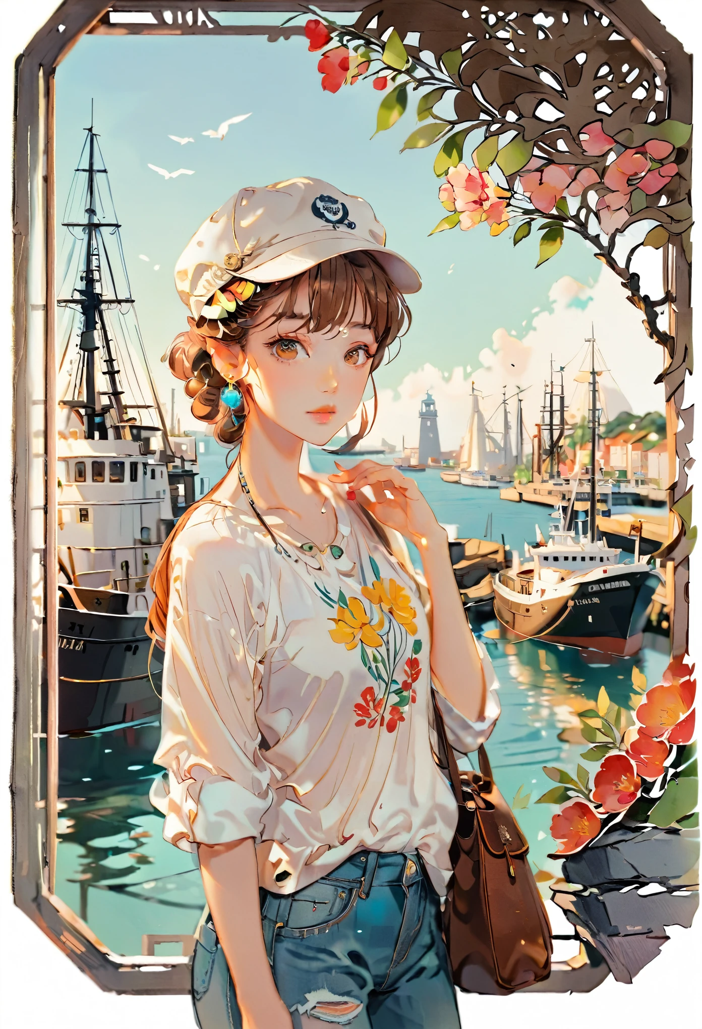 (((paper cutting style))), 1 girl, short brown curry hair, cap, shirts and denim, portfolio, harbor and ship