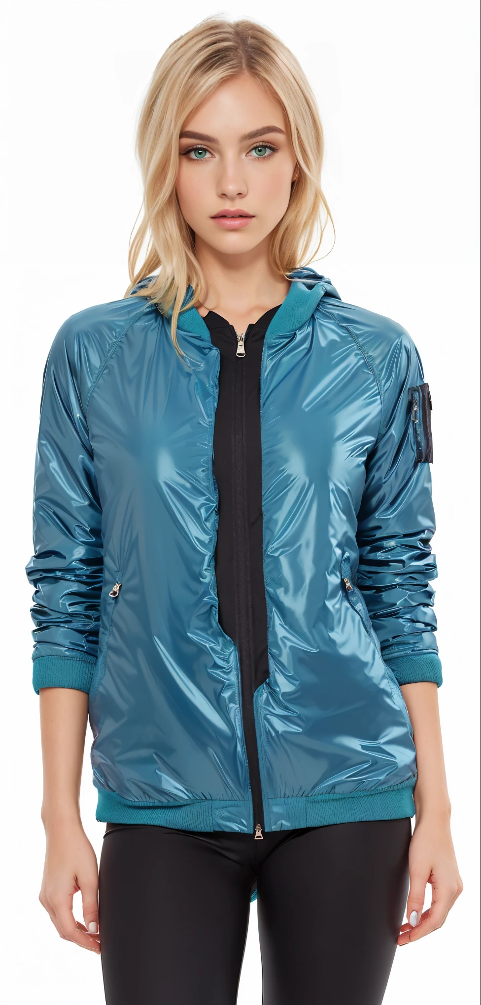 a woman wearing a shiny green jaqueta and black leggings, jaqueta, harmony blue jaqueta, blue jaqueta, green colored bomber jaqueta, Hodie Mihi Cras Tibi, medium poly, in teal clothes, f / 2 0, f/4, f / 4, sports jaqueta, brilhante brilhante reflexivo, cyber future jaqueta, f/2, f / 2, Wet appearance