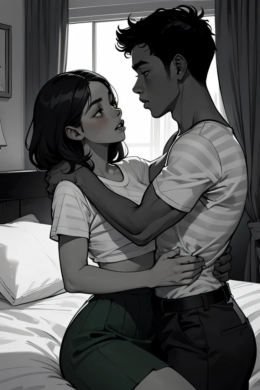 Amazing portrait of a sexy and  woman  wearing a black and white striped t shirt and a dark green skirt kissing and making out passionately with a shirtless boy on the bed in an intimate setting