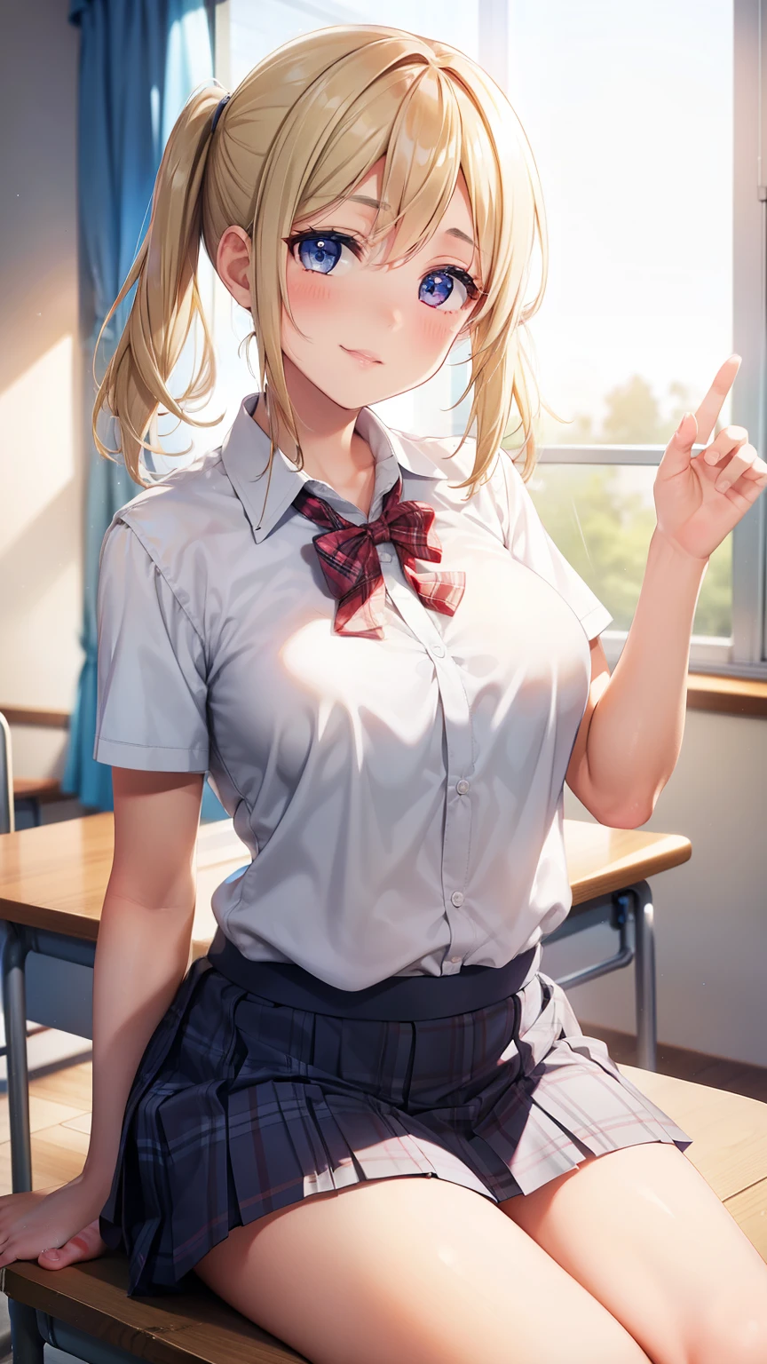 1girl, natural lighting, masterpiece, highly detailed, illustration, game CG, absurdres, high quality, beautiful detailed eyes, glossy lips, natural lighting, medium breasts, blonde hair, low twintails, bangs, hair between eyes, arisa ayase, aahiyori, short hair, sitting, light smile, school, white shirt, plaid pleated miniskirt, classroom