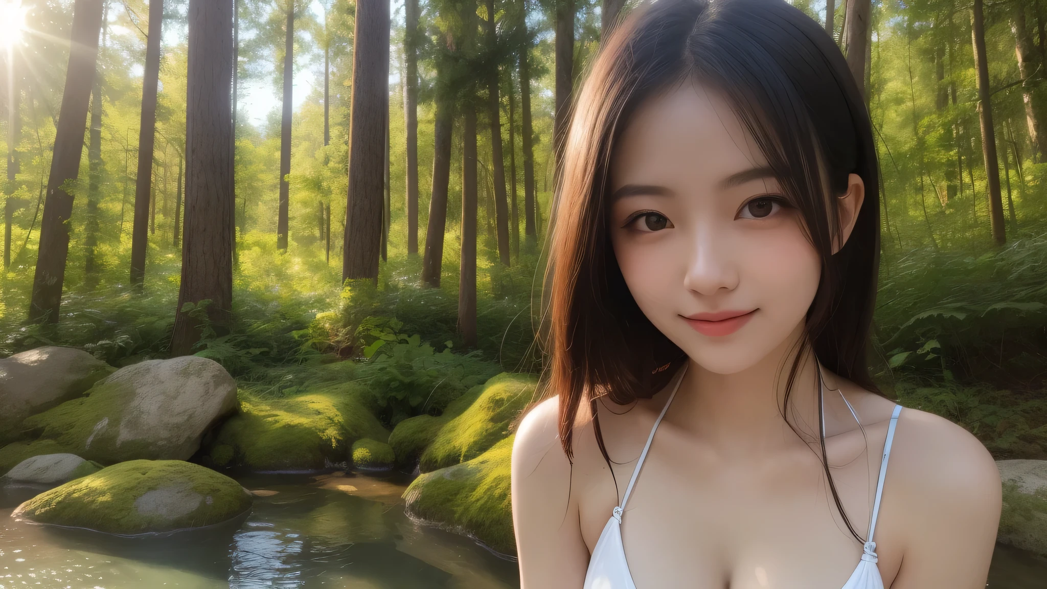 2girl, (elegant face), beautiful, cleavage, (cute bikini:1.2), A gentle smile, (Best Quality:1.4), 8K resolution, High resolution, Ultra High Definition, Superior Quality, Premier Quality, ultra detailed, Photorealistic, RAW Photos, highest quality, masterpiece, professional photography, Realistic portrait, Beautiful detailed, Outdoors, open-air baths, (forests, hot springs:1.2), Rock open-air bath, rocks, trees, plants, Sunbeams filtering through the trees, (Close up portrait of girl:1.2), (Fine face:1.2),