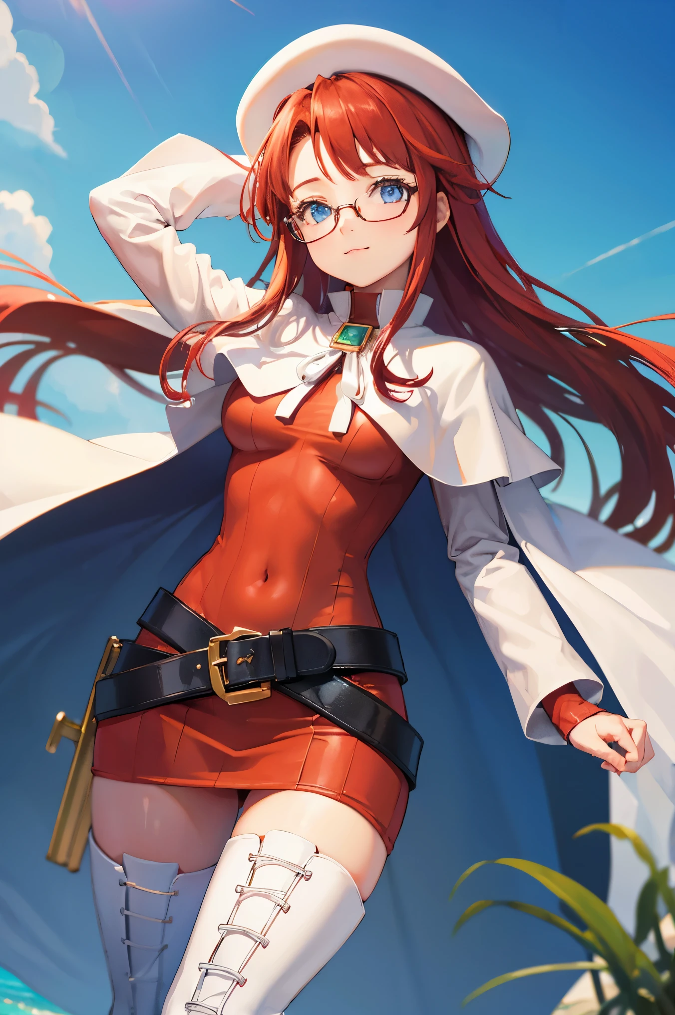 summonnightaty, aty, (young:1.3),long hair, blue eyes, red hair, big_berets, hat, glasses,
BREAK long hair, thighhighs, hat, dress, boots, glasses, belt, cape, sweater, zettai ryouiki, beret, thigh boots, white footwear, ribbed sweater, loose belt,solo,
BREAK outdoors, fantasy,on_beach,
,Highquality_hads,perfect_fingers,
BREAK (masterpiece:1.2), best quality, high resolution, unity 8k wallpaper, (illustration:0.8), (beautiful detailed eyes:1.6), extremely detailed face, perfect lighting, extremely detailed CG, (perfect hands, perfect anatomy),covered_nipples,covered_navel ,half_eyes,long_sword,sleepy,standing,red_sweater,apart_knees,magical_effect,spread_legs, have_a_book,teacher,rise_knee,Smile,rise_hand,look_down_viewer,spread_arms,sea​_waves,looking_into,blue_sky