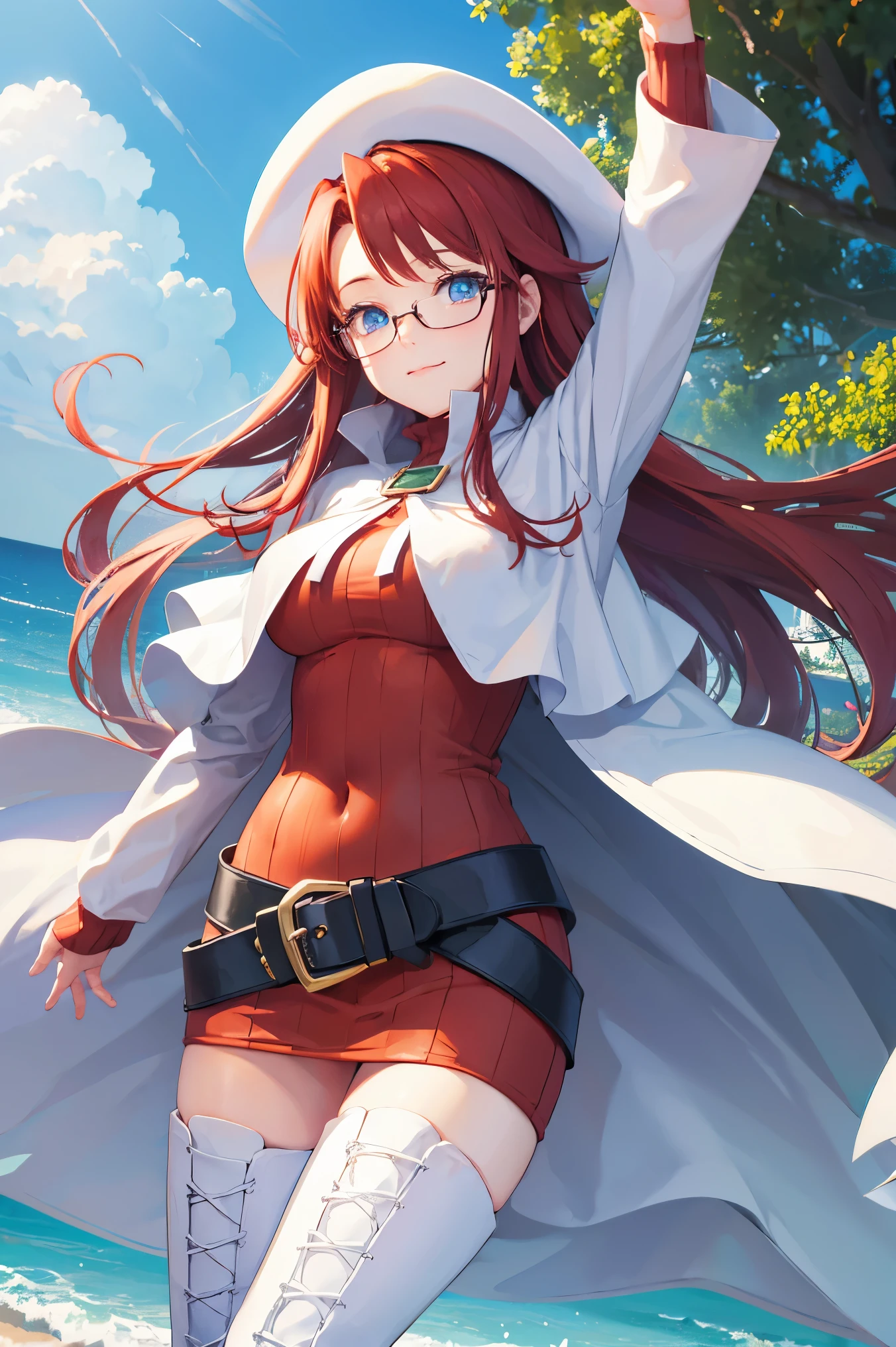 summonnightaty, aty, (young:1.3),long hair, blue eyes, red hair, big_berets, hat, glasses,
BREAK long hair, thighhighs, hat, dress, boots, glasses, belt, cape, sweater, zettai ryouiki, beret, thigh boots, white footwear, ribbed sweater, loose belt,solo,
BREAK outdoors, fantasy,on_beach,
,Highquality_hads,perfect_fingers,
BREAK (masterpiece:1.2), best quality, high resolution, unity 8k wallpaper, (illustration:0.8), (beautiful detailed eyes:1.6), extremely detailed face, perfect lighting, extremely detailed CG, (perfect hands, perfect anatomy),covered_nipples,covered_navel ,half_eyes,long_sword,sleepy,standing,red_sweater,apart_knees,magical_effect,spread_legs, have_a_book,teacher,rise_knee,Smile,rise_hand,look_down_viewer,spread_arms,sea​_waves,looking_into,blue_sky