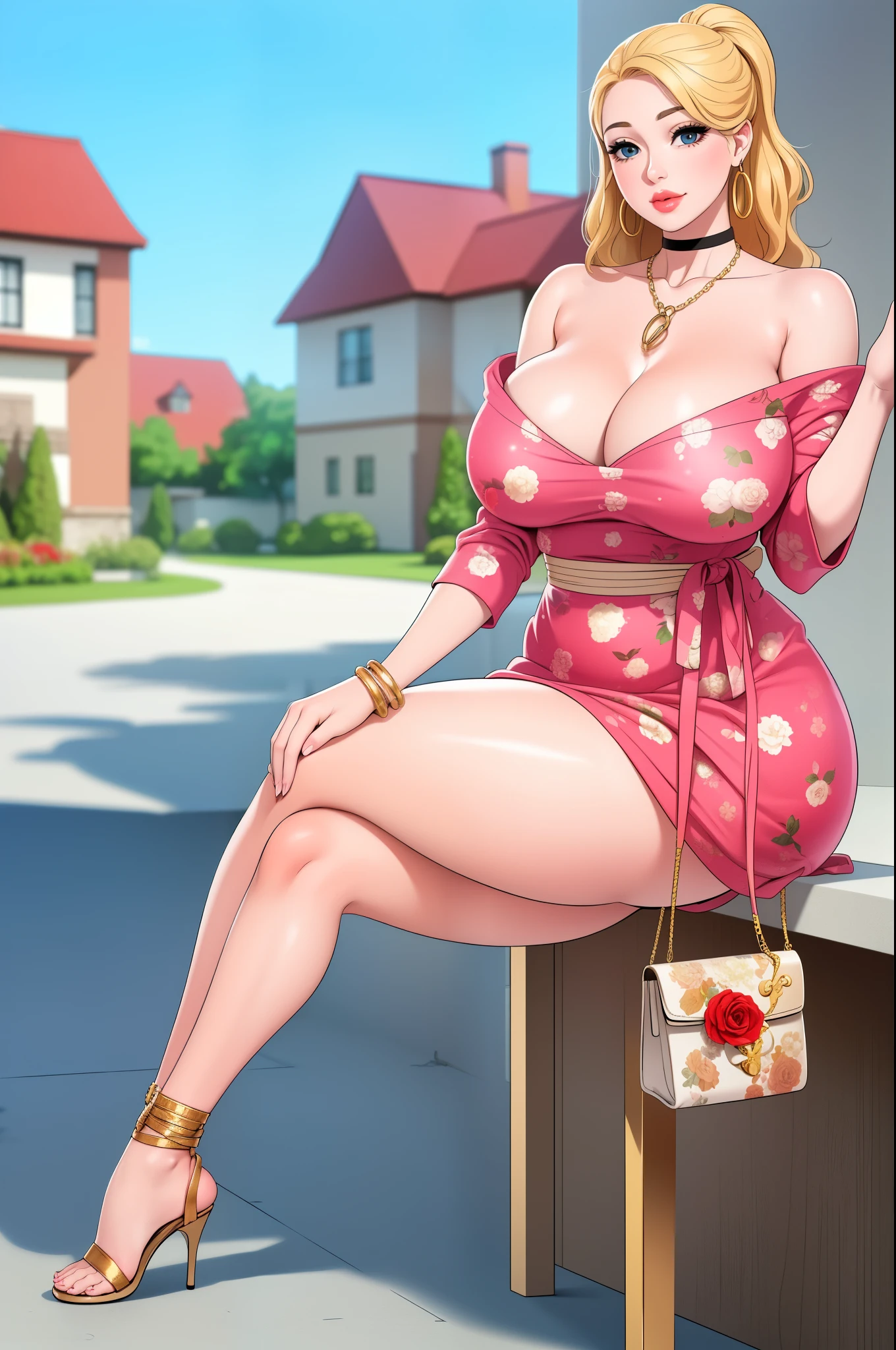 An extremely beautiful busty woman, with gold blonde long silky hair, blue oceanic eyes, extremely super bright snow white fair stunning flawless glowing lush shiny white skin, and complexion, a perfect tight hourglass figure, a thick plump ass, cleavage, and perfect hips, wearing a short loose cute revealing sky-blue floral dress with a sash around waist and a white off-shoulder cardigan, yellow heels, jewelry on the neck, silver bangles on her wrist, and gold anklets on her legs, gold earrings, gold chain on the waist, a shiny blue ring on the finger, a cute adorable smile on pink puffy lips, pink nails, red rose on hair, standing straight, holding a pink purse, looking at the viewer, big house in the background, day time, show full body from head to feet.