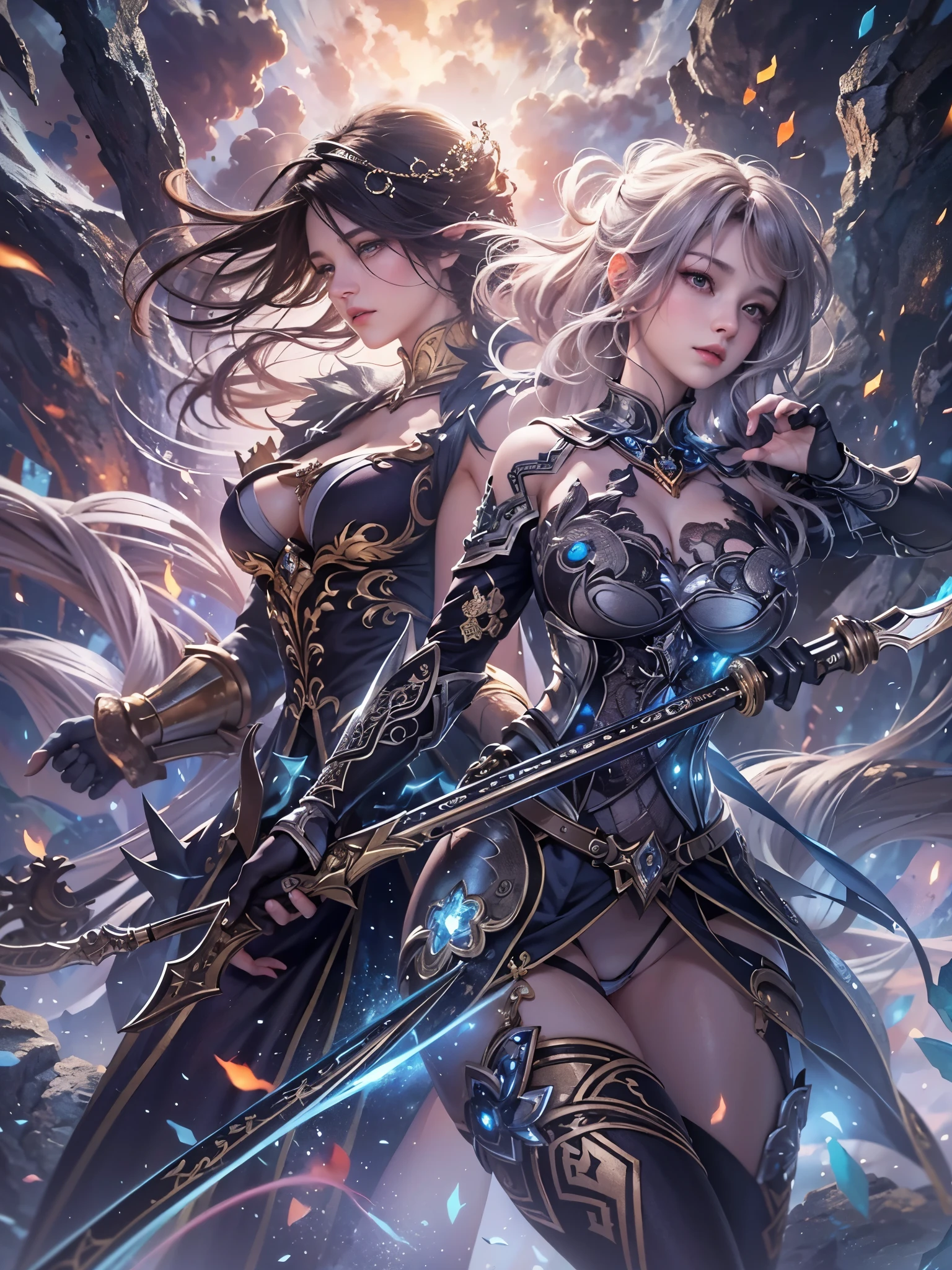 ((highest quality)),(Ultra-high resolution),(Very detailed),(Detailed Description),((The best CG)),(A masterpiece),Ultra-detailed art,Amazing drawing art,(Art with precise detail:1.5), (Female Heroes:1.4), Light, fight,