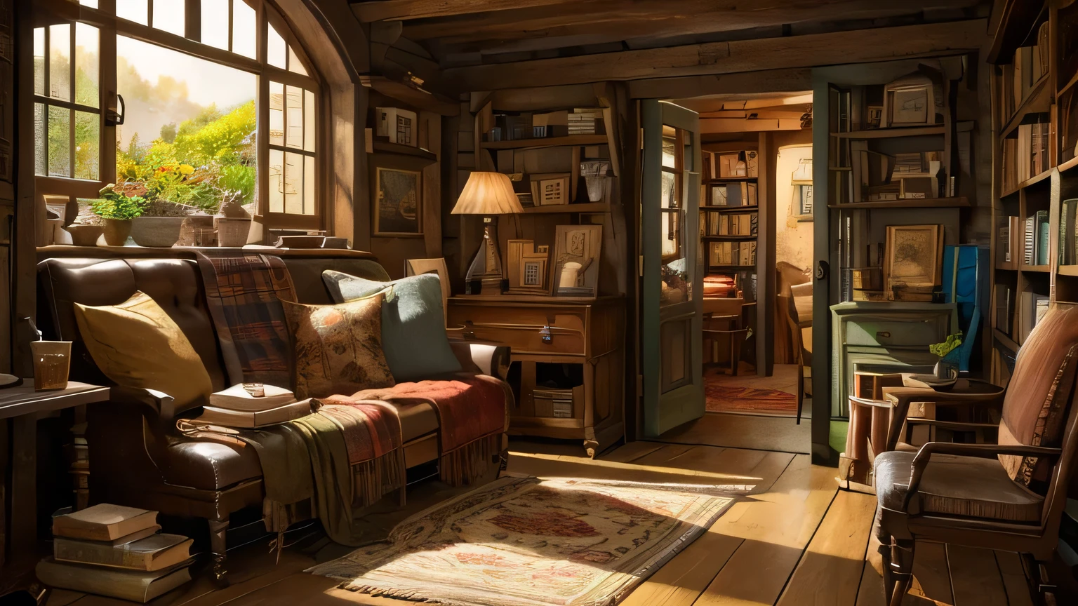 "Realistic painting, window,Antique books, cozy hobbit cave, A complicated watch with moving gears, ((nostalgic)), detailed, Warm palette"