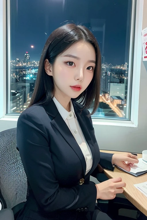 Beautiful korean woman wearing an office lady suit、old man sitting on the chair, (youn girl Kissing old korean man:1.1)、(old korean man wearing business suit),(In an empty office)、(A detailed face:1.5)、The background is a window with a view of a skyscraper、(Night:1.6), focus on old man,