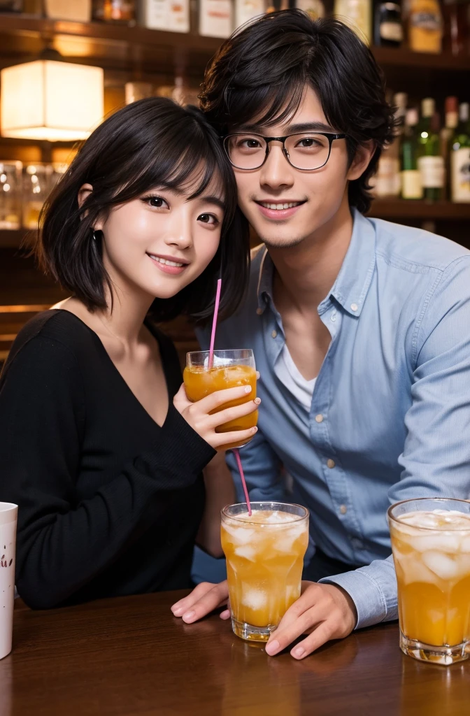 (masterpiece:1.2), high quality, High resolution, High-definition images like those taken with a high-end camera、Couple、banquet、The man is a 24-year-old Japanese man.、Cut your hair short、Black Hair、Curly hair、Beautiful woman holding glasses and a cup、The woman is an 18-year-old Japanese woman.、A lovely smile while drinking alcohol、The location is a dimly lit bar、In the background you can see a man and a woman enjoying a drink